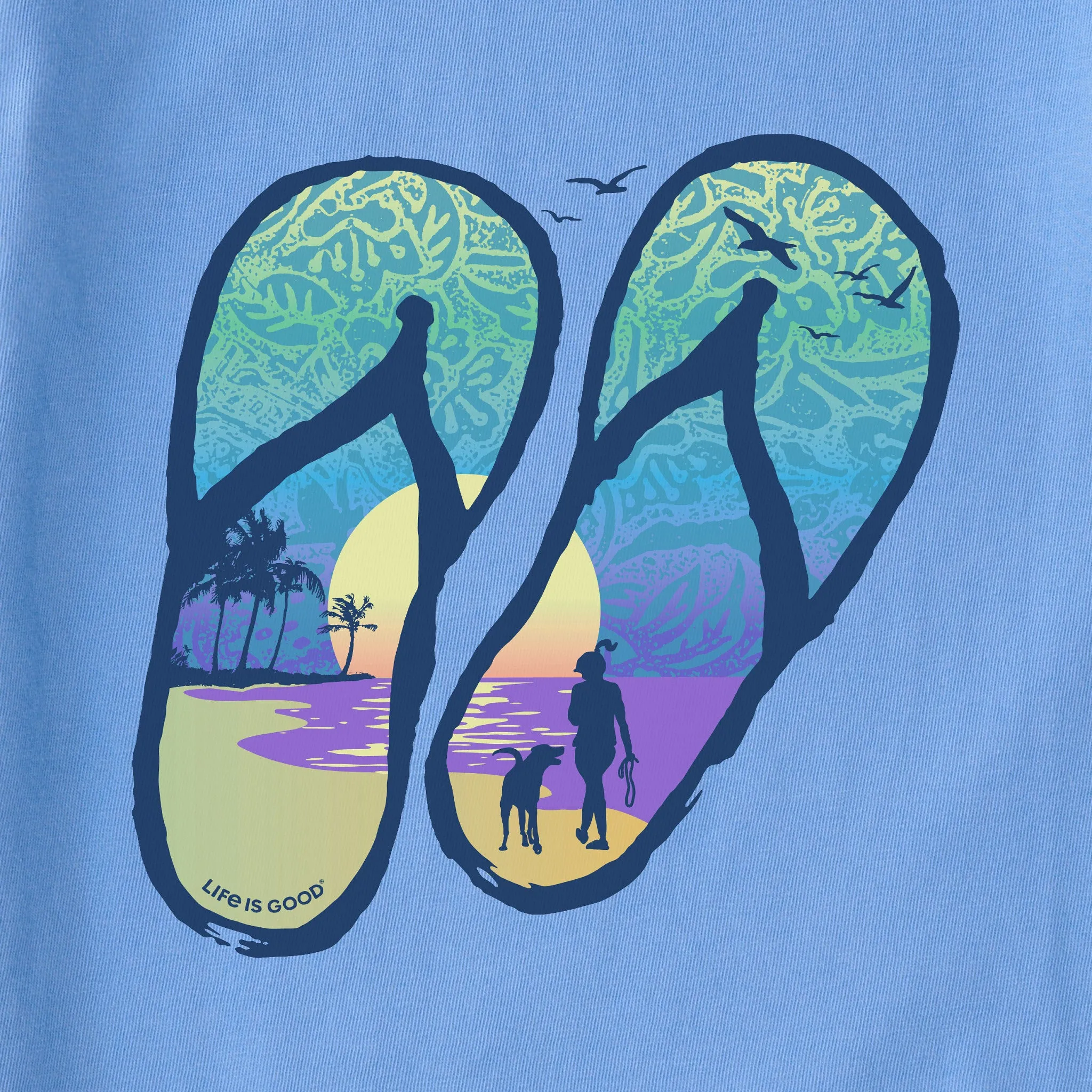 Women's Flip Flops Tropical Sunset Short Sleeve Crusher Vee Life is Good