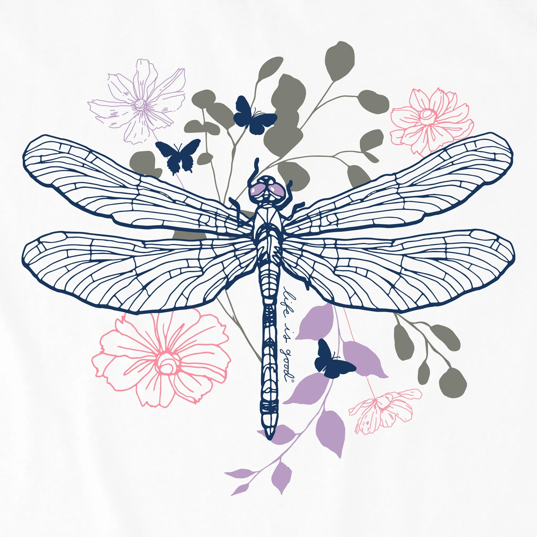 Women's Floral Backdrop Dragonfly Short Sleeve Tee Life is Good