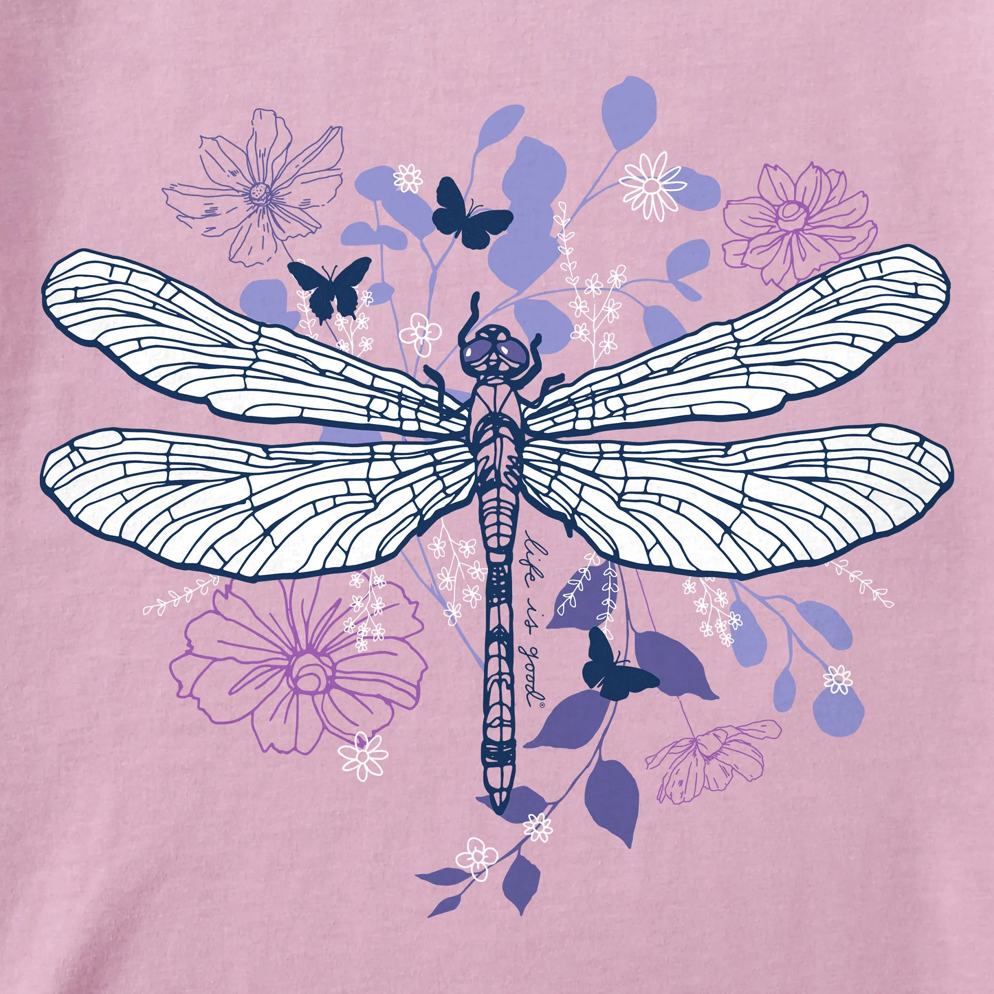Women's Floral Backdrop Dragonfly Short Sleeve Tee Life is Good