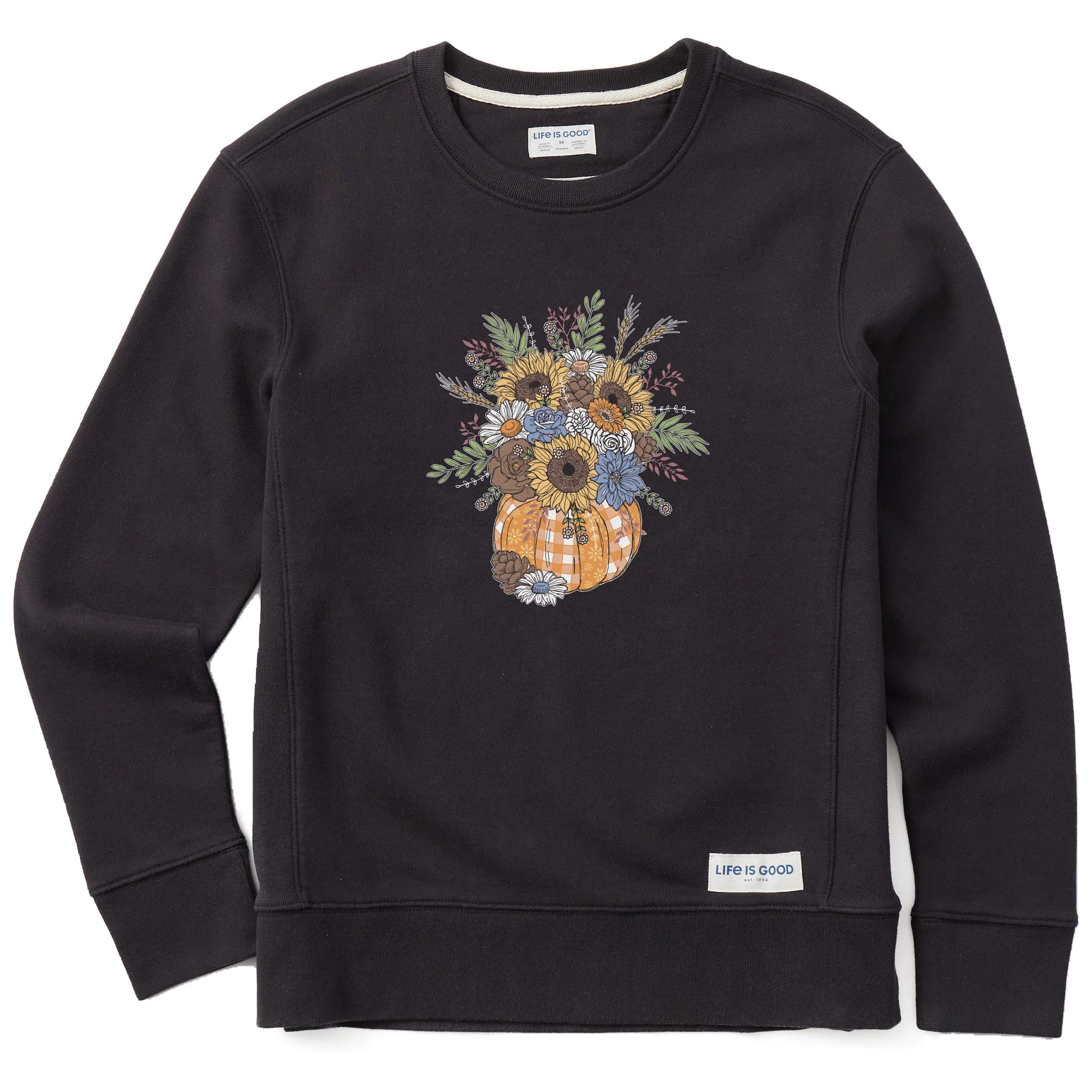 Women's Floral Pattern Pumpkin Simply True Fleece Crew Life is Good