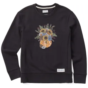 Women's Floral Pattern Pumpkin Simply True Fleece Crew Life is Good