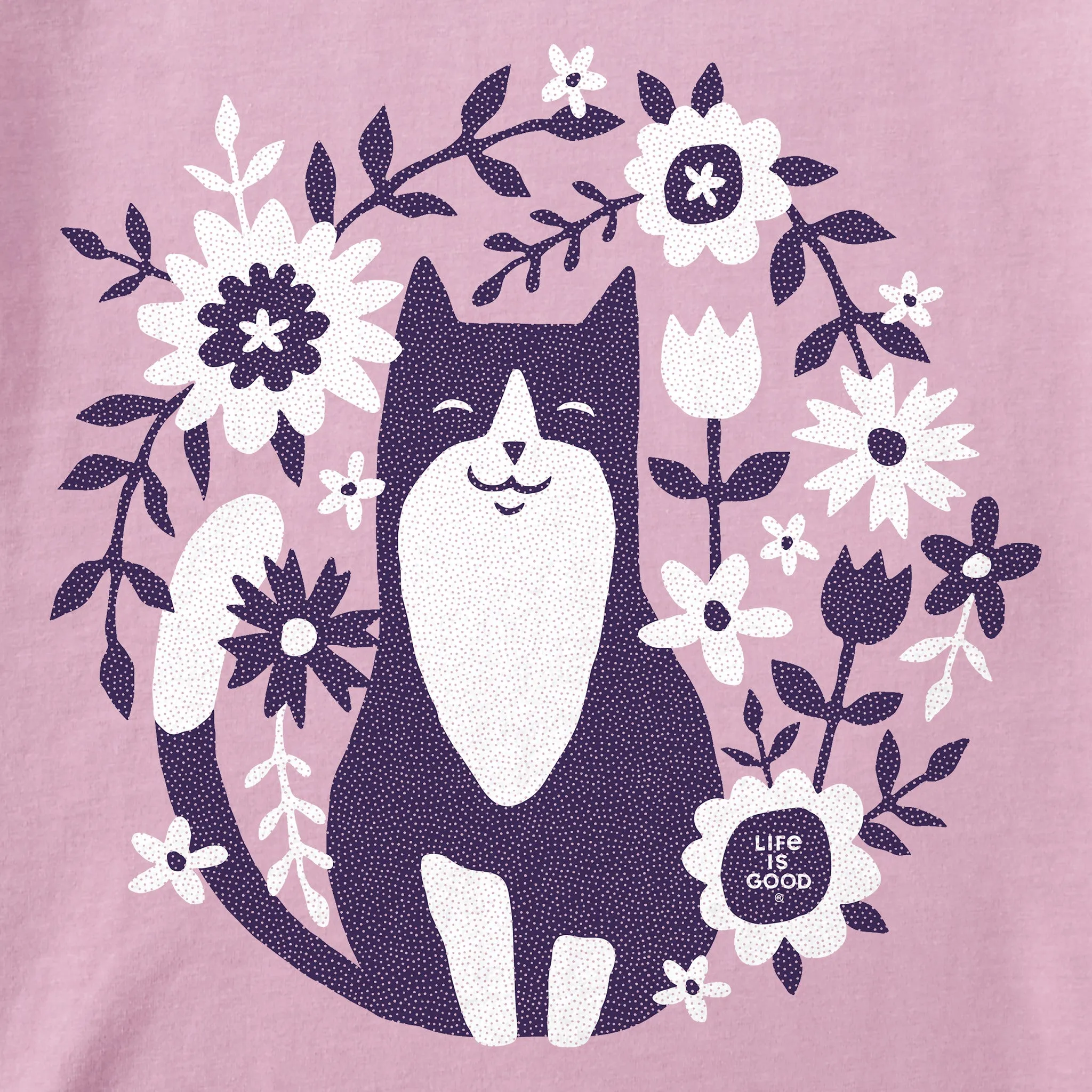 Women's Flower Circle Cat Short Sleeve Tee Life is Good