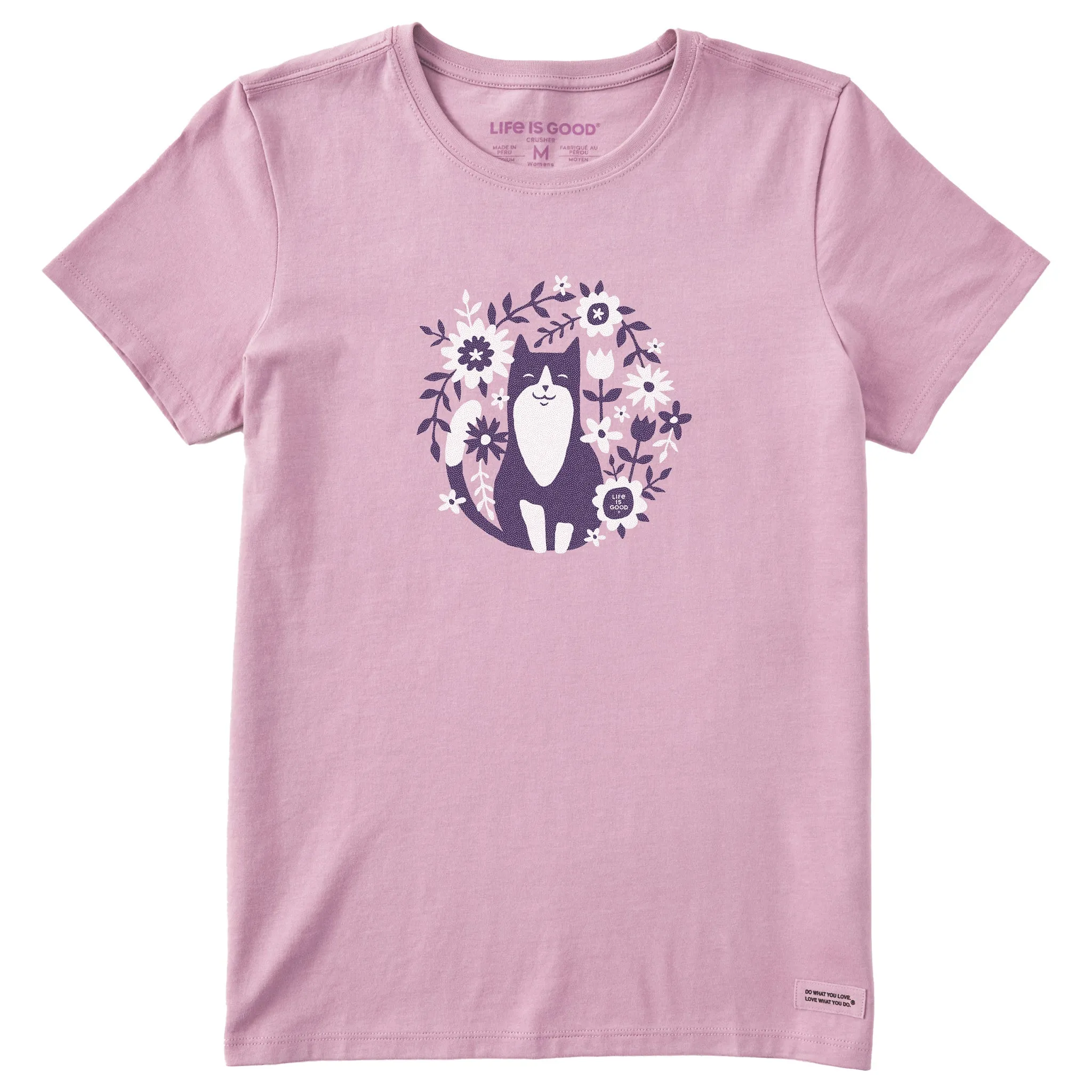 Women's Flower Circle Cat Short Sleeve Tee Life is Good