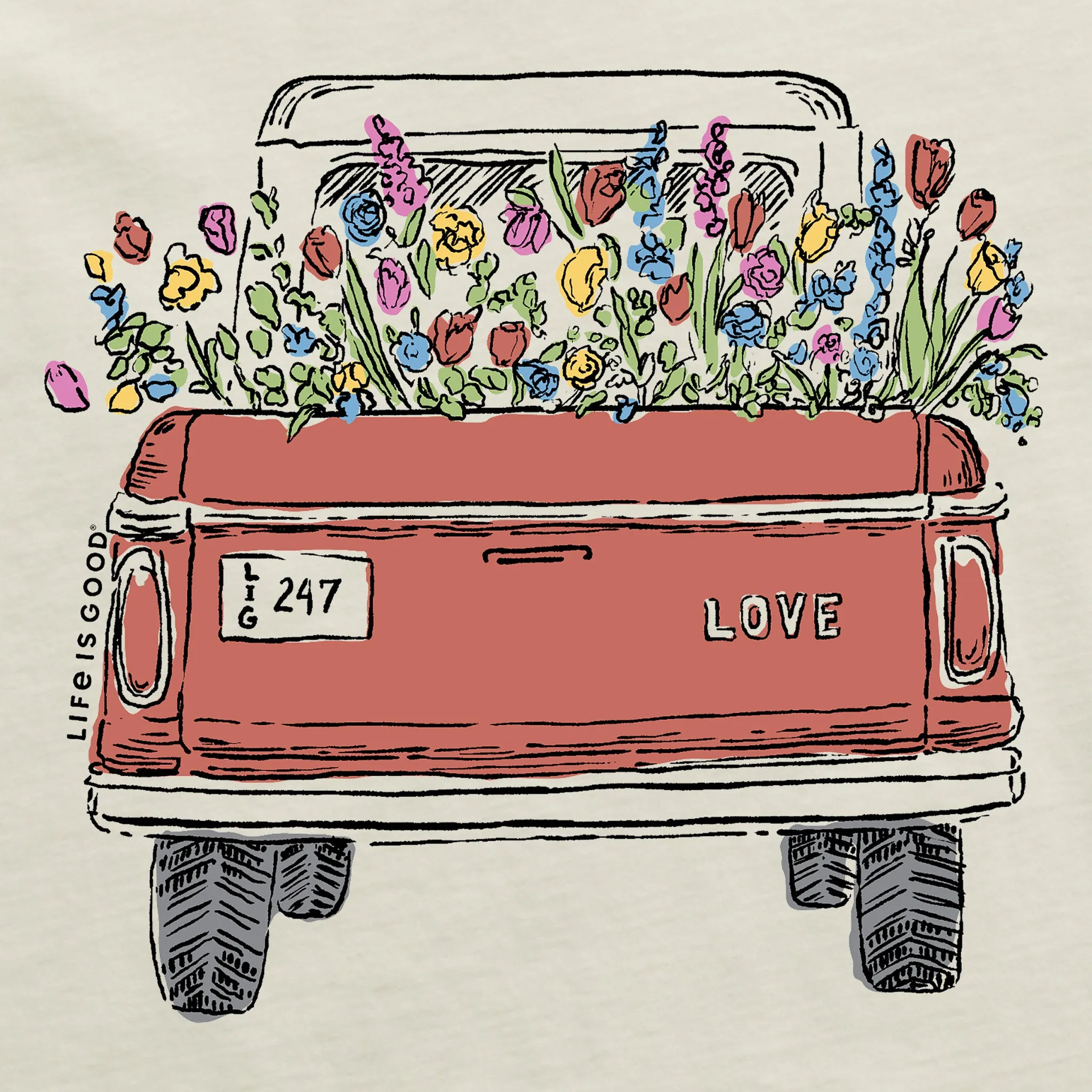 Women's Flower Love Truck Short Sleeve Crusher Vee Life is Good
