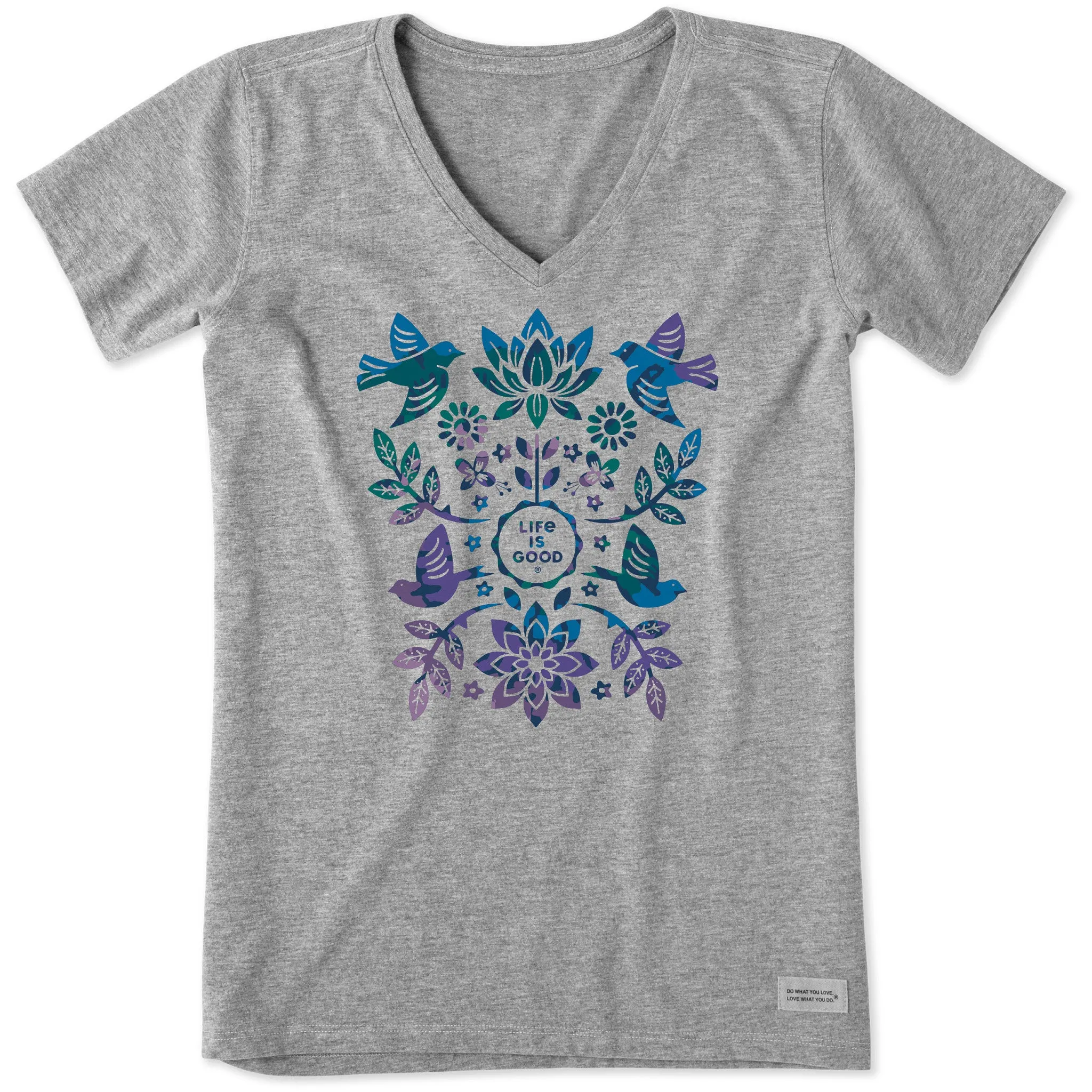 Women's Folk Art Garden Tie Dye Short Sleeve Vee Life is Good
