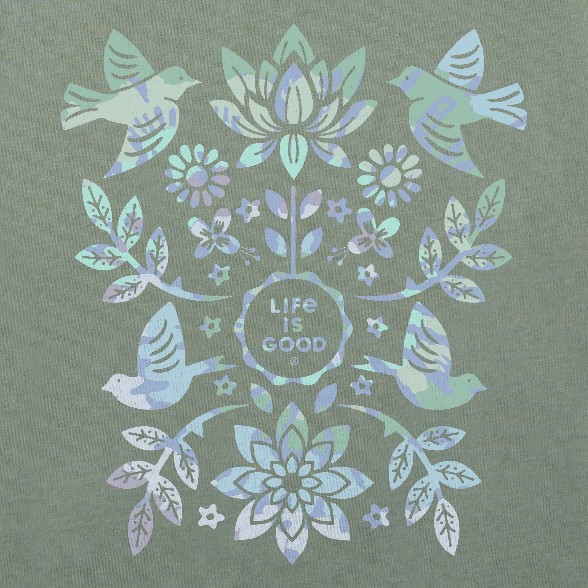 Women's Folk Art Garden Tie Dye Short Sleeve Vee Life is Good