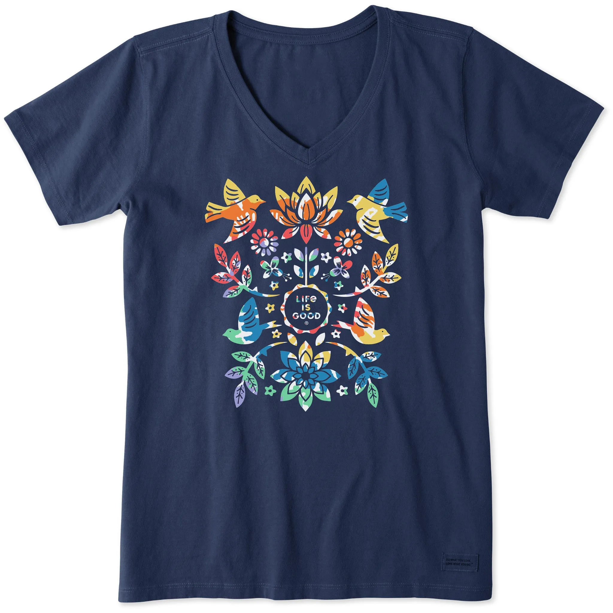 Women's Folk Art Garden Tie Dye Short Sleeve Vee Life is Good