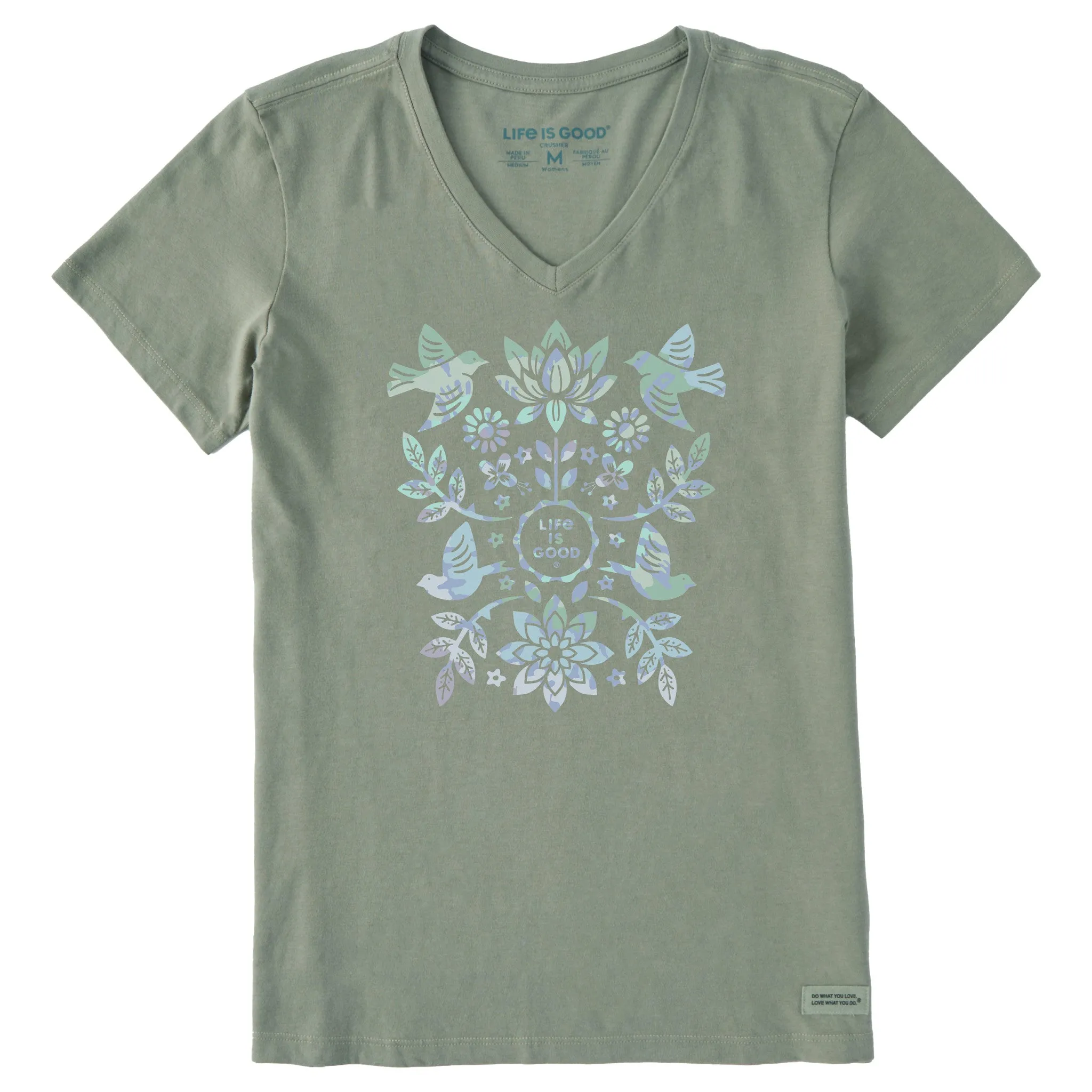 Women's Folk Art Garden Tie Dye Short Sleeve Vee Life is Good