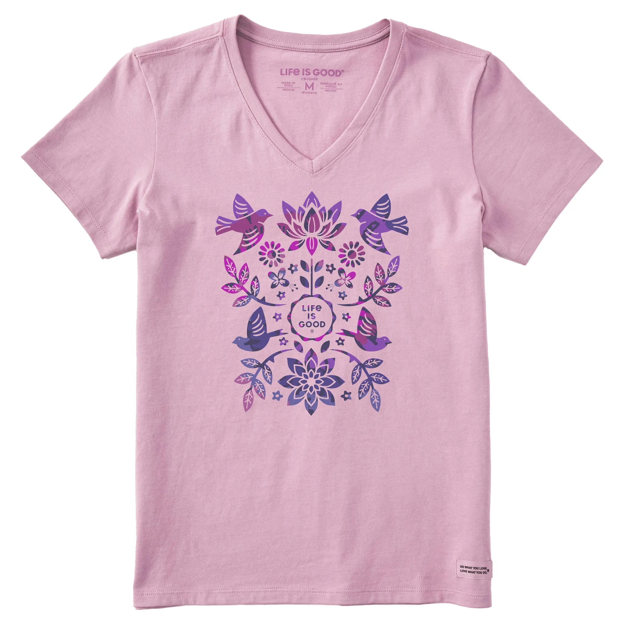 Women's Folk Art Garden Tie Dye Short Sleeve Vee Life is Good