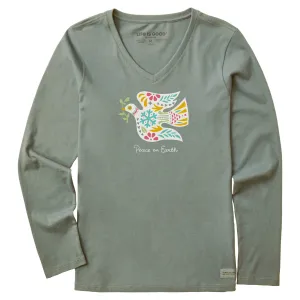 Women's Folkie Peace on Earth Dove Long Sleeve Crusher Vee Life is Good