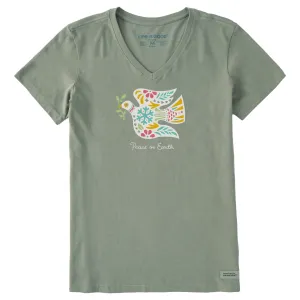 Women's Folkie Peace on Earth Dove Short Sleeve Crusher Vee Life is Good
