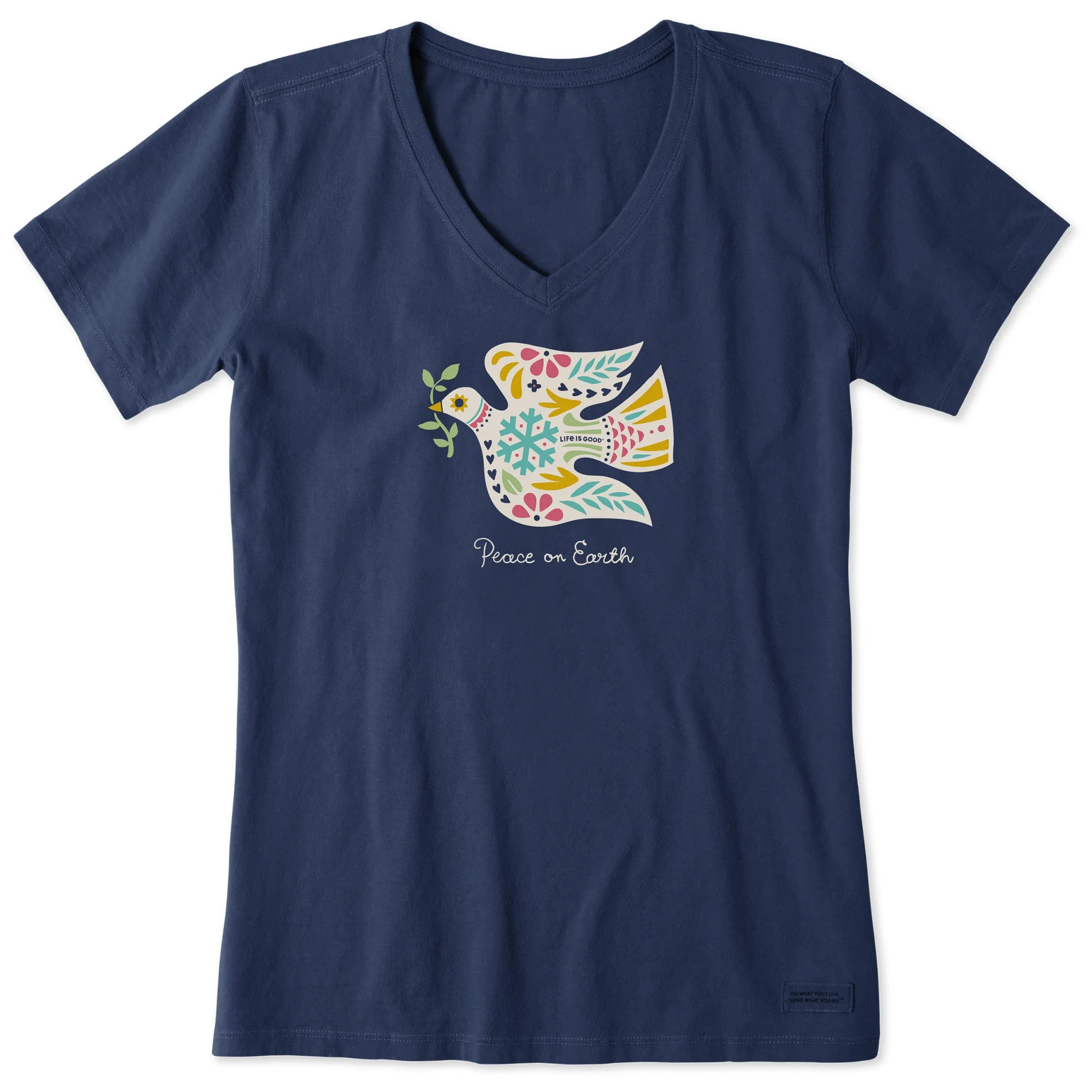 Women's Folkie Peace on Earth Dove Short Sleeve Crusher Vee Life is Good
