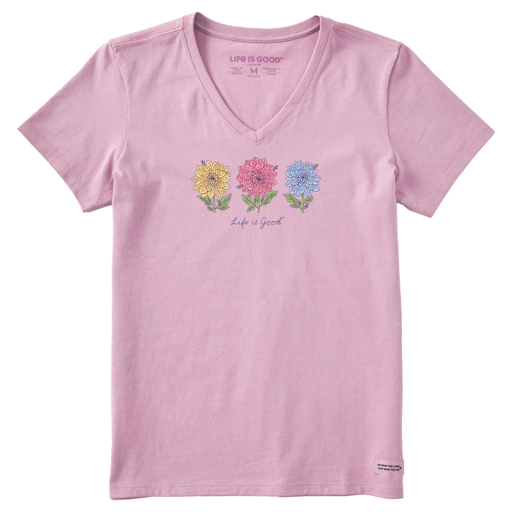 Women's Genuine 3 Dahlias Short Sleeve Vee Life is Good