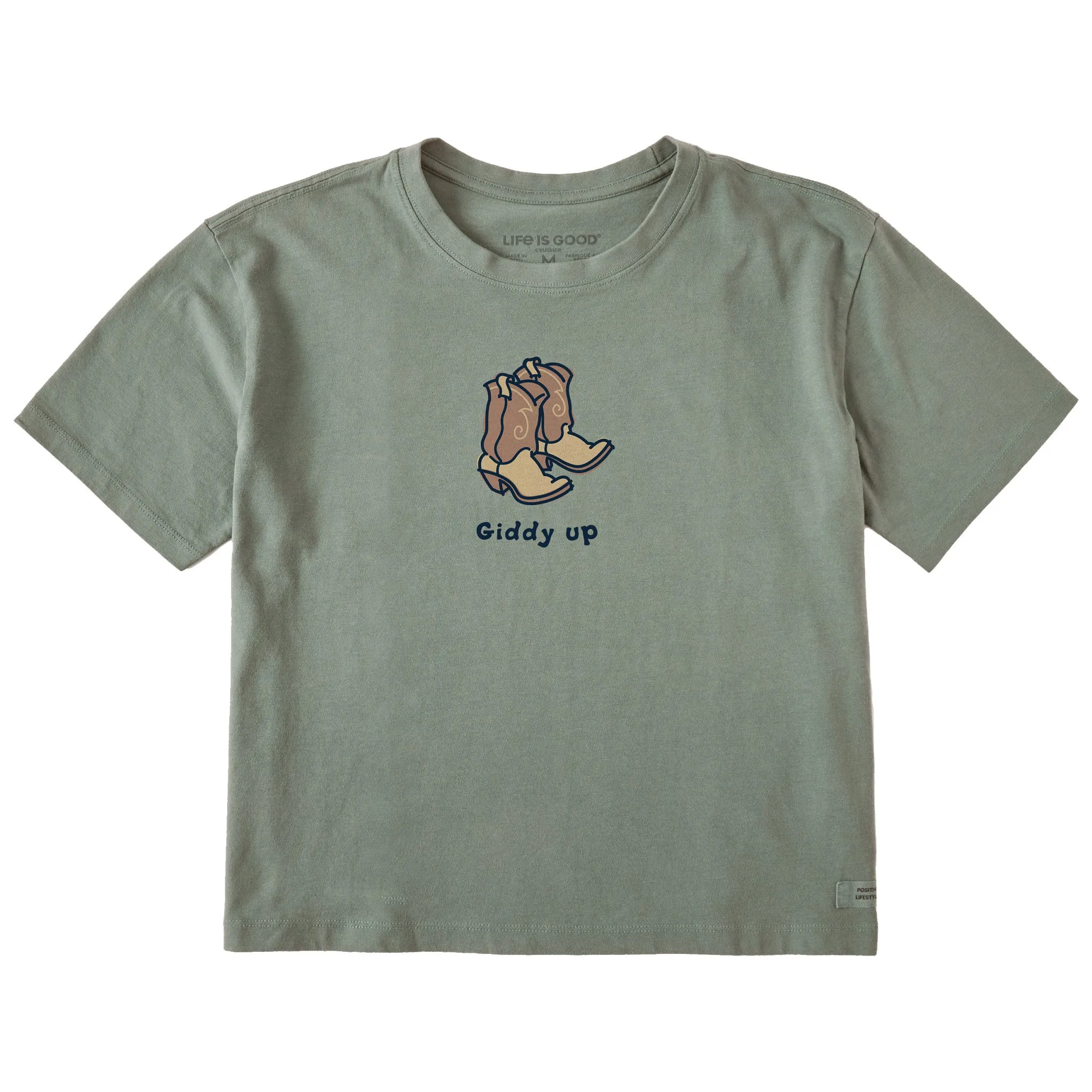 Women's Giddy Up Cowboy Boots Short Sleeve Crusher Boxy Tee Life is Good