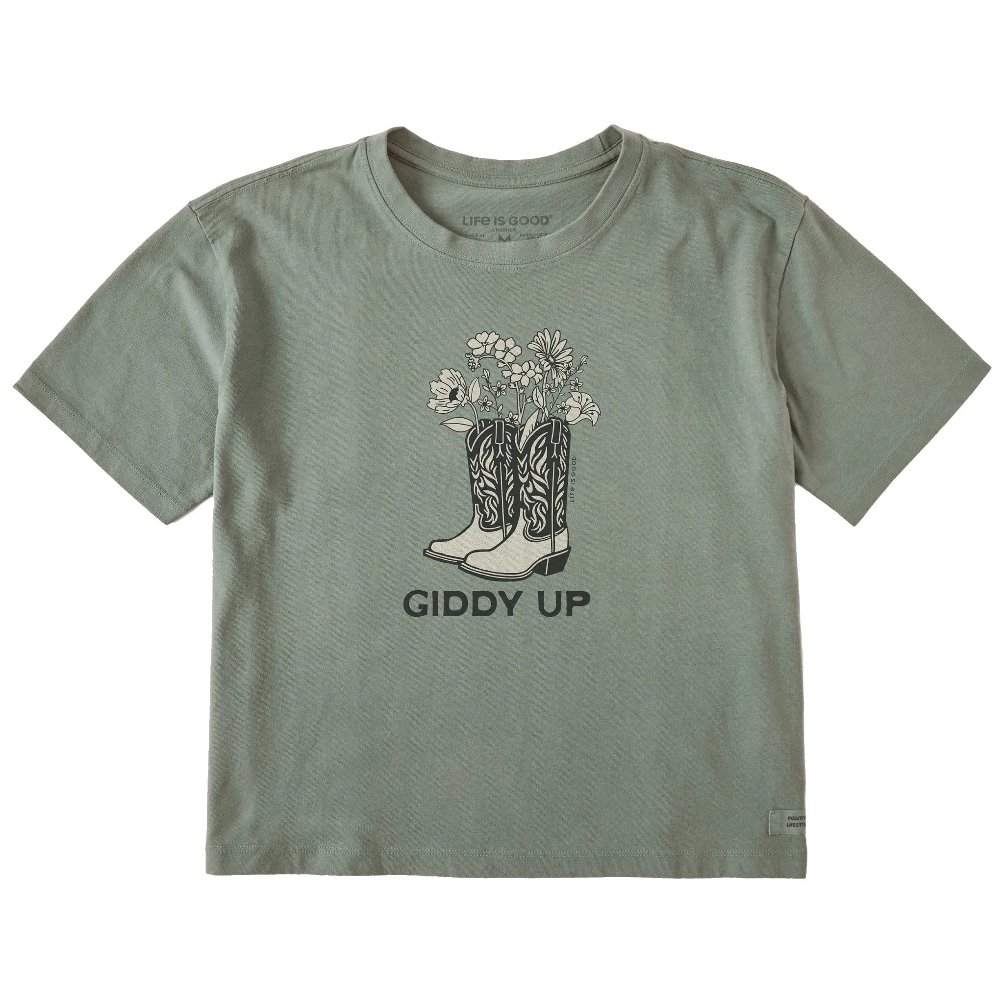 Women's Giddy Up Flower Boots Short Sleeve Crusher Boxy Tee Life is Good