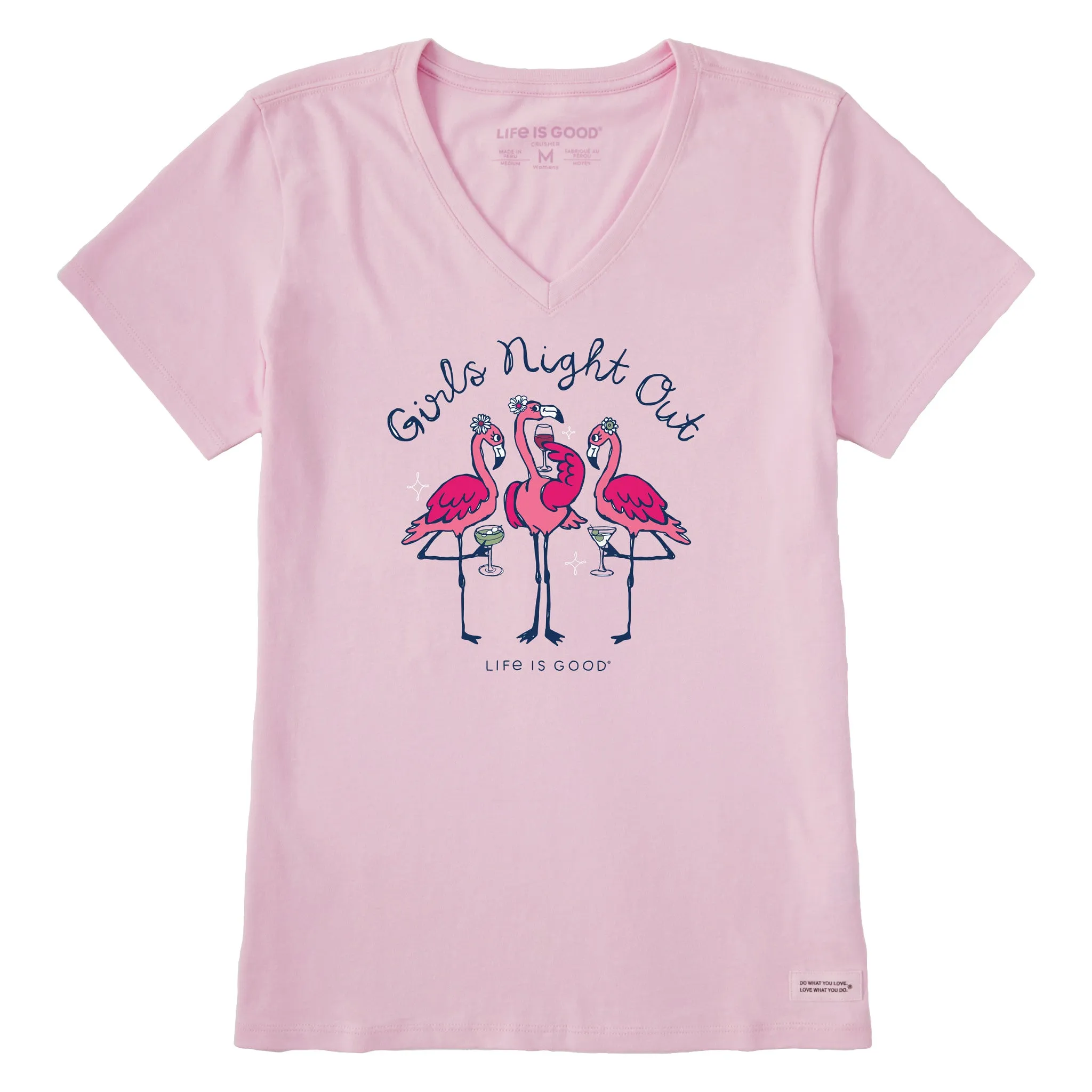 Women's Girls Night Out Flamingo Short Sleeve Crusher Vee Life is Good