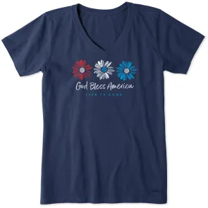 Women's God Bless America Daisies Short Sleeve Vee Life is Good