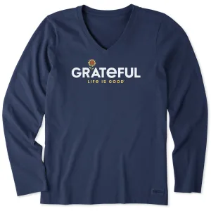 Women's Grateful Sunflower Long Sleeve Crusher Vee Life is Good