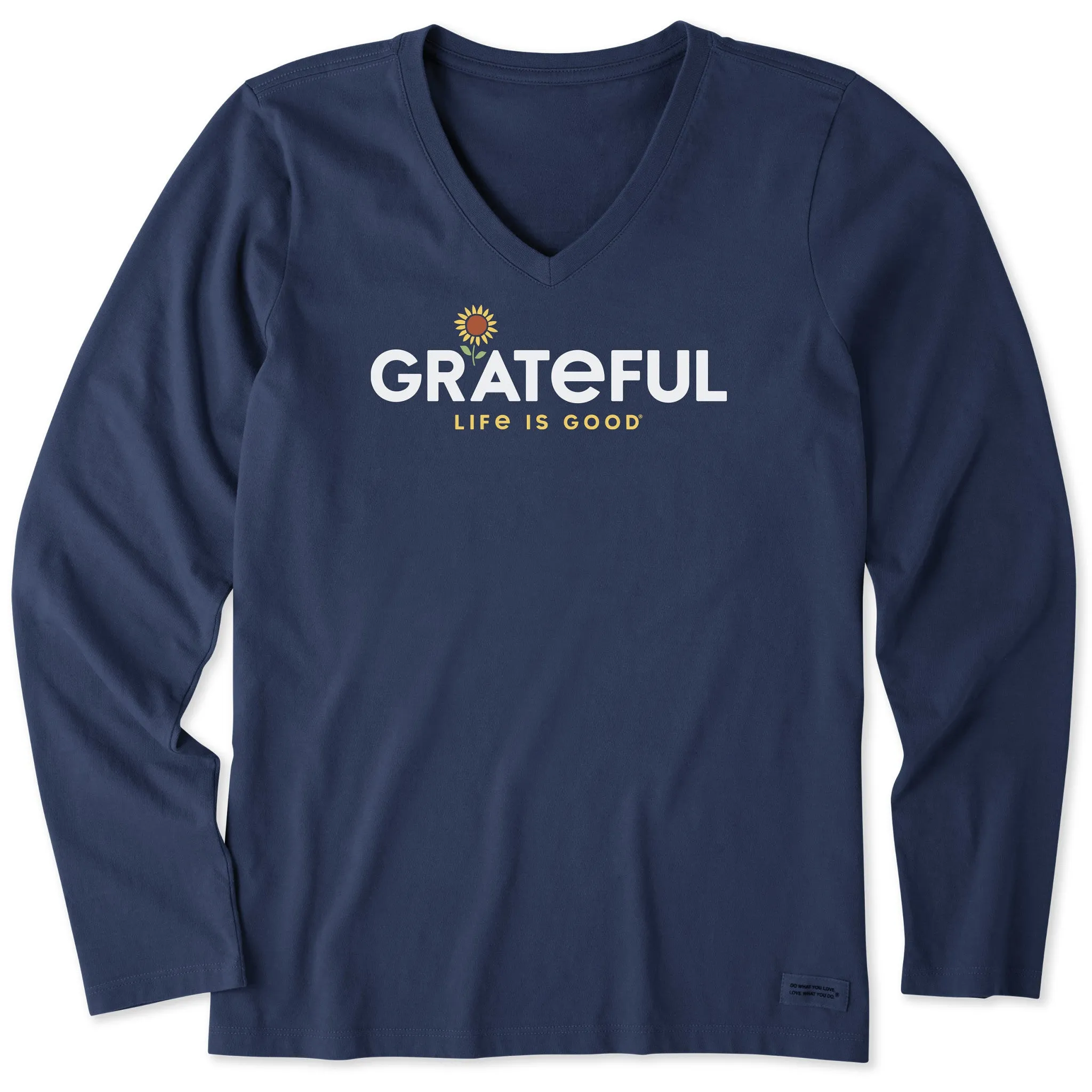 Women's Grateful Sunflower Long Sleeve Crusher Vee Life is Good