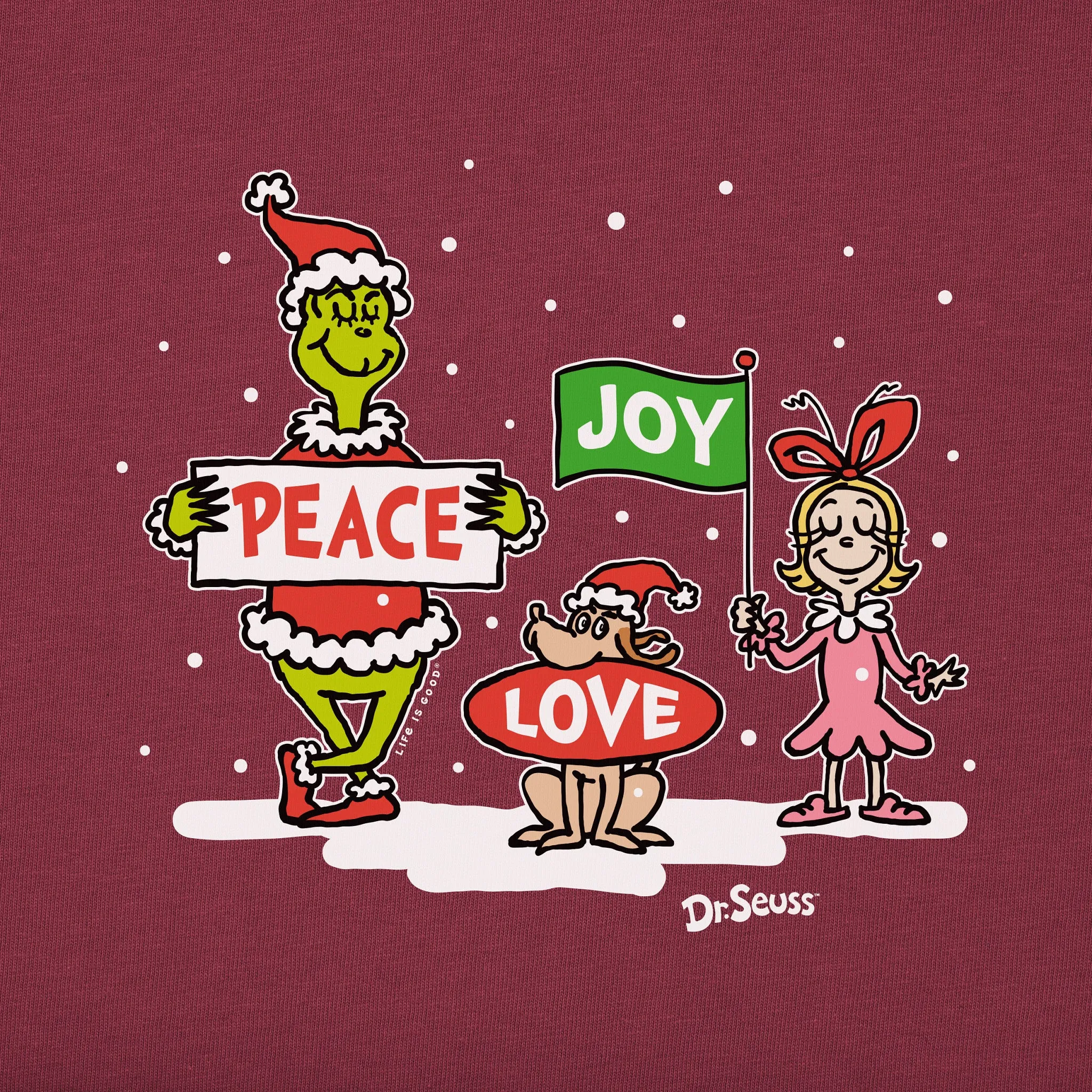 Women's Grinch Peace Love Joy Long Sleeve Crusher Tee Life is Good