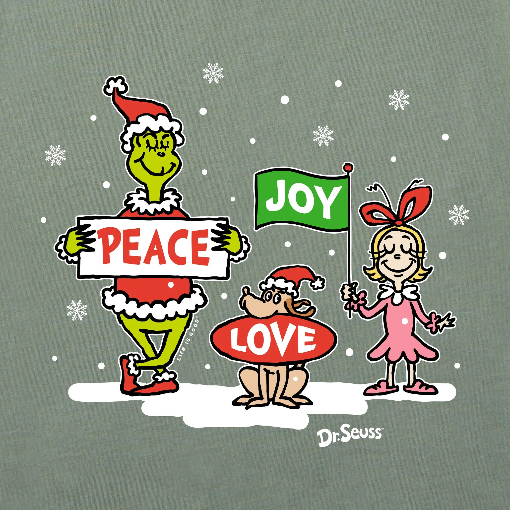 Women's Grinch Peace Love Joy Snow Long Sleeve Crusher Tee Life is Good