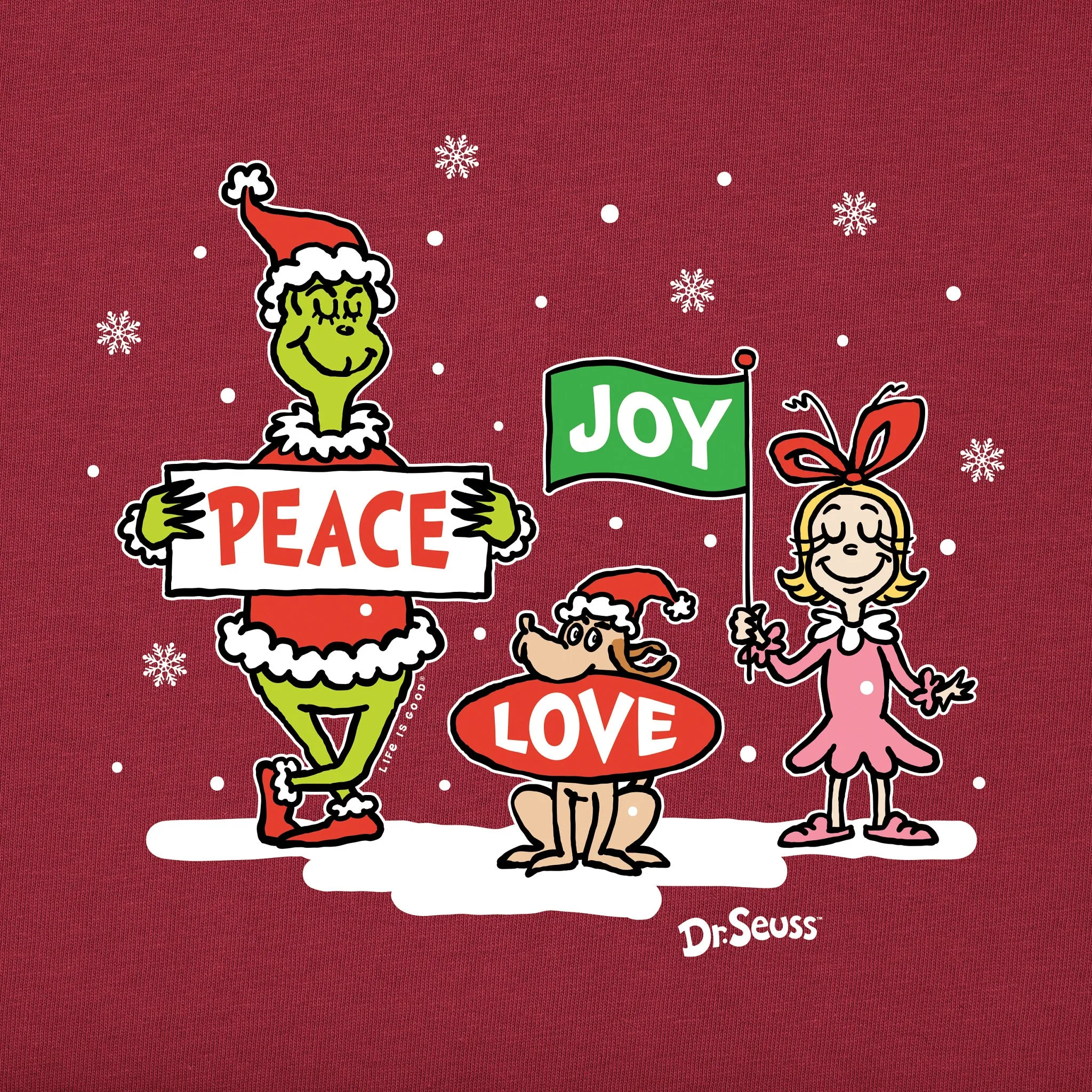 Women's Grinch Peace Love Joy Snow Long Sleeve Crusher Tee Life is Good