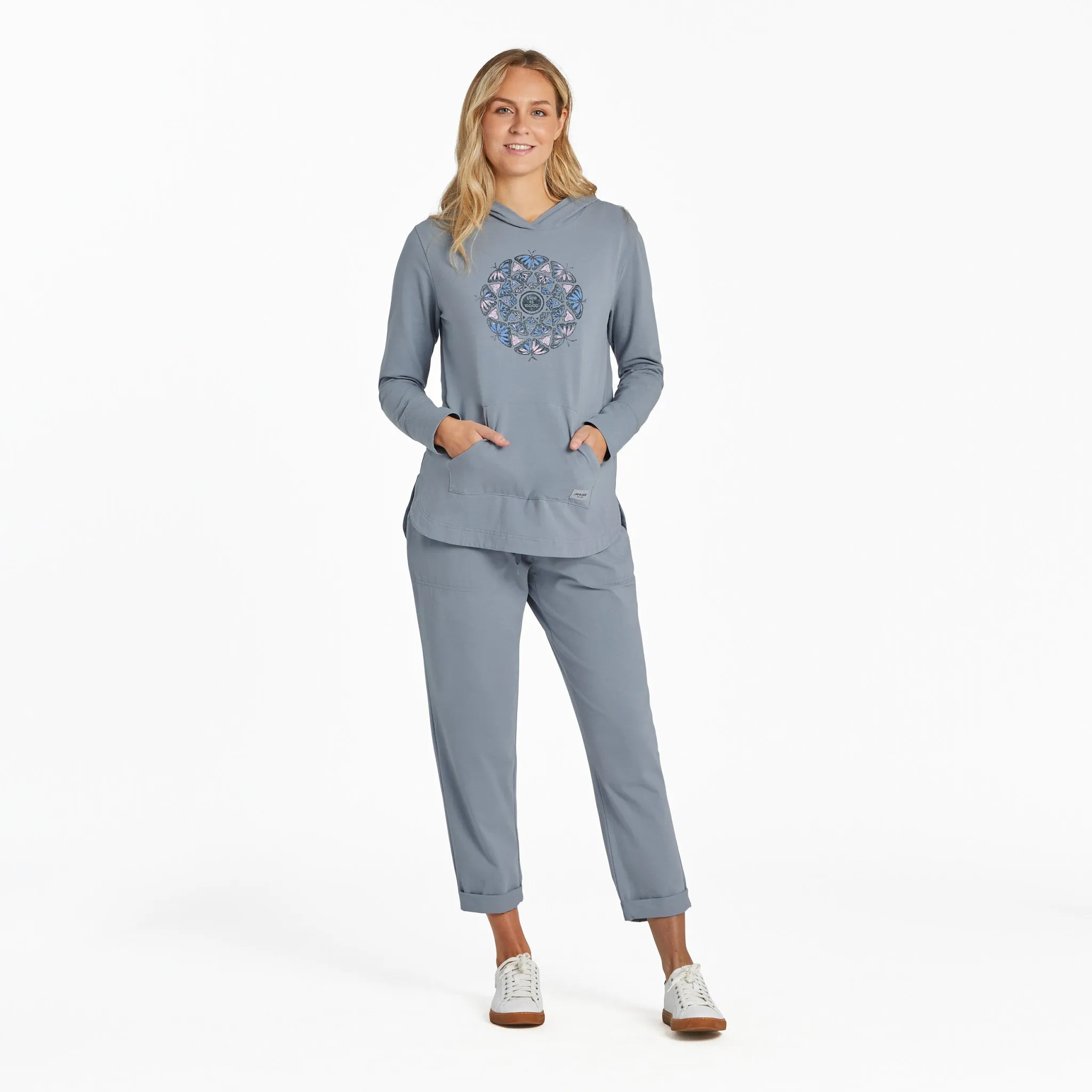 Women's Hand Drawn Butterfly Mandala Crusher-FLEX Hoodie Tunic Life is Good