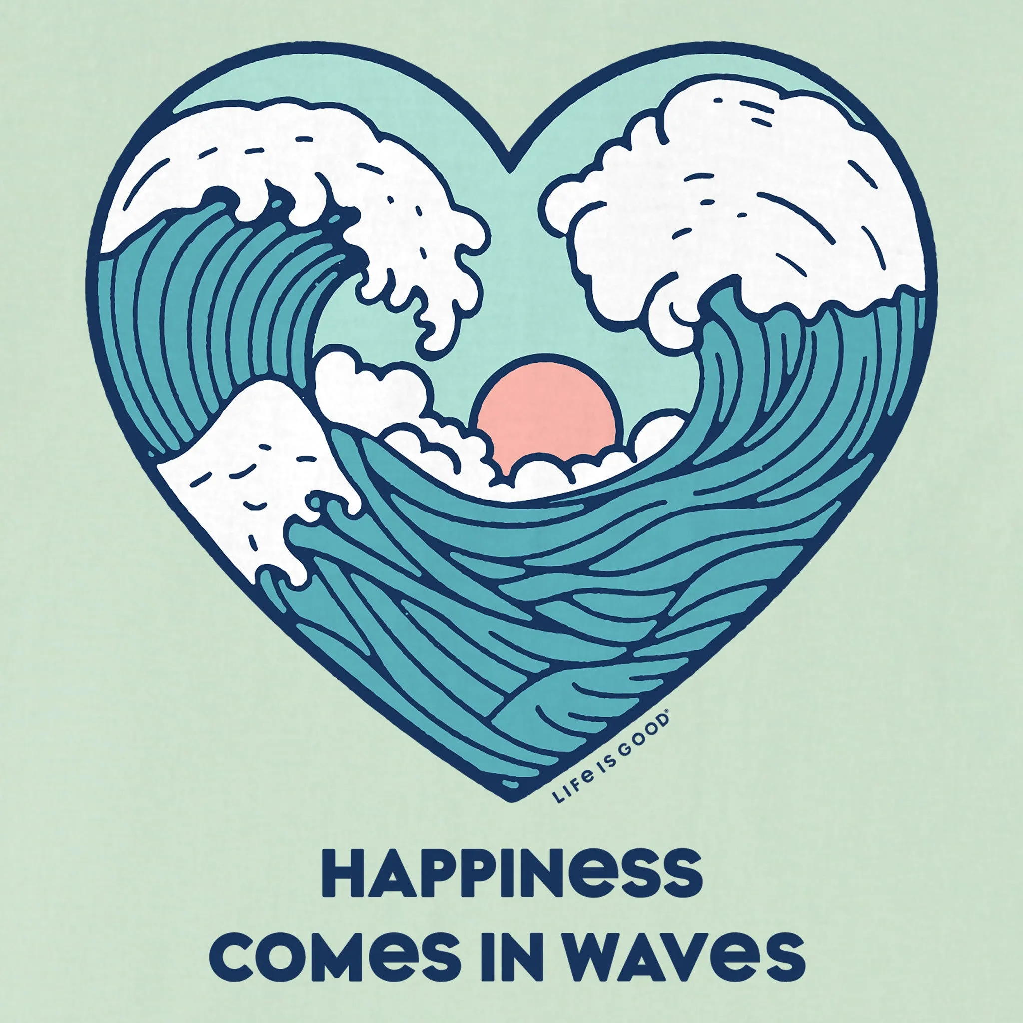 Women's Happiness Comes in Waves Heart Short Sleeve Crusher Vee Life is Good