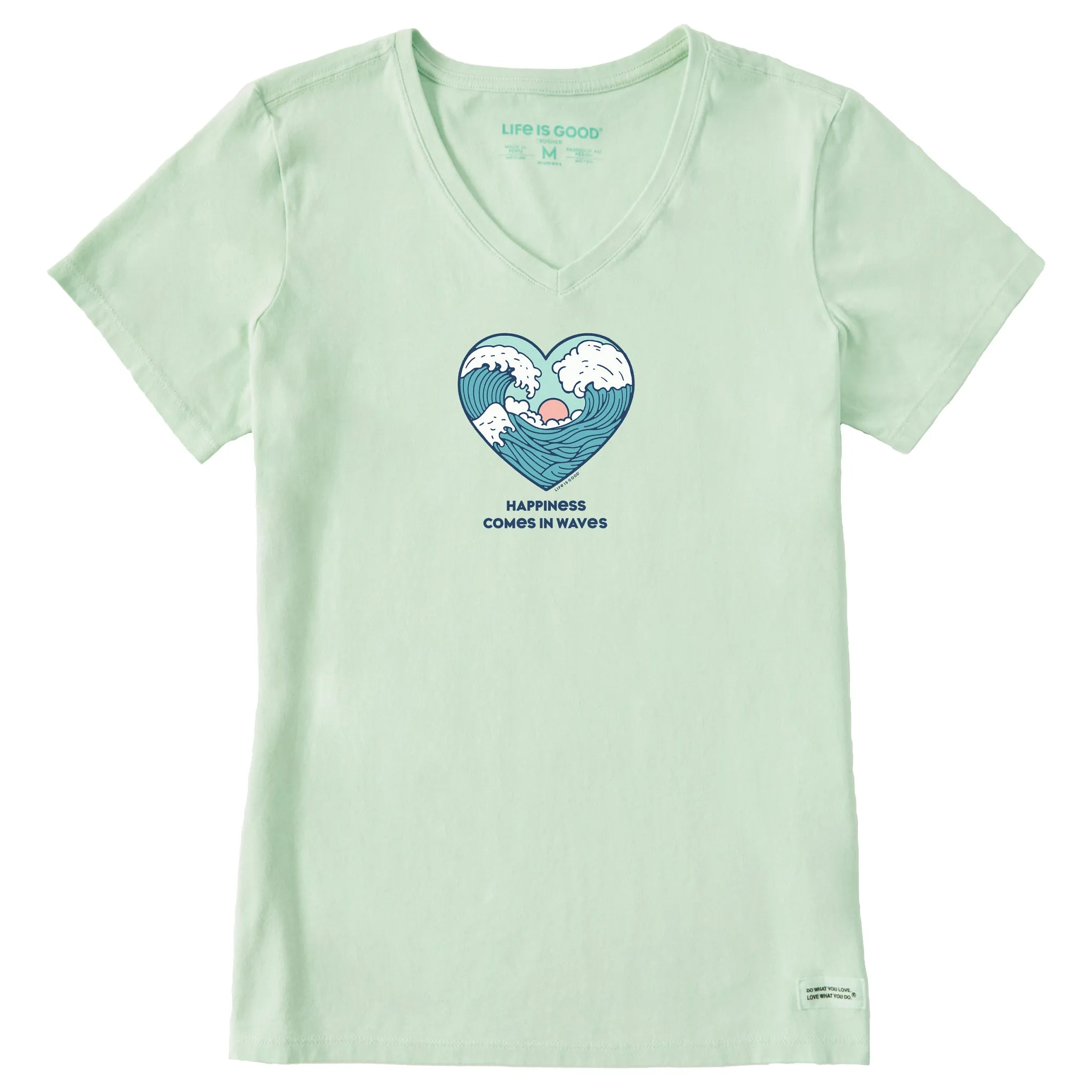 Women's Happiness Comes in Waves Heart Short Sleeve Crusher Vee Life is Good