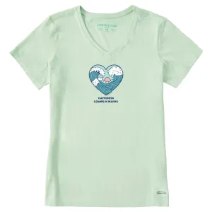 Women's Happiness Comes in Waves Heart Short Sleeve Crusher Vee Life is Good