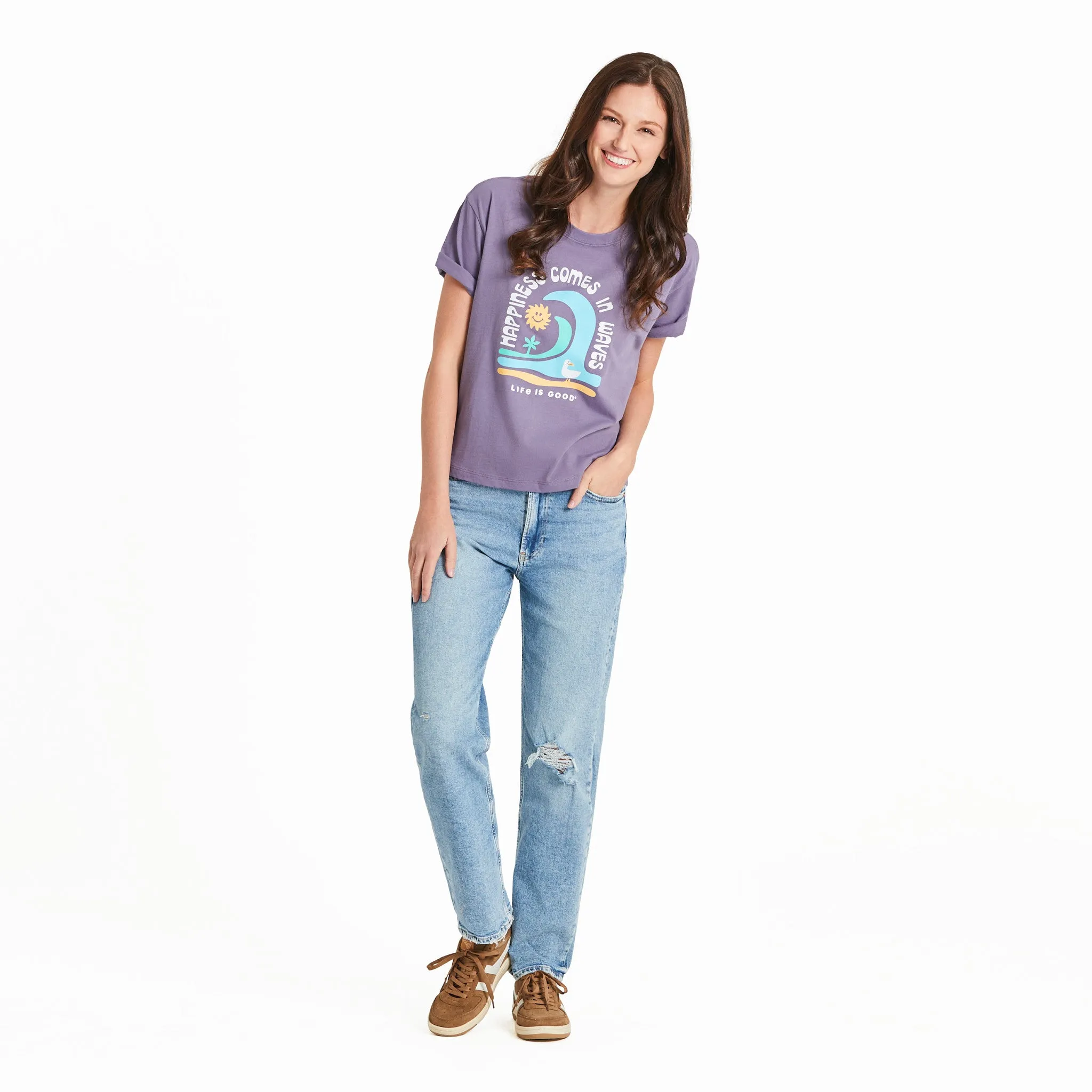 Women's Happiness Comes in Waves Short Sleeve Crusher Boxy Tee Life is Good