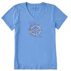Women's Happiness Wildflower Compass Short Sleeve Crusher Vee Life is Good
