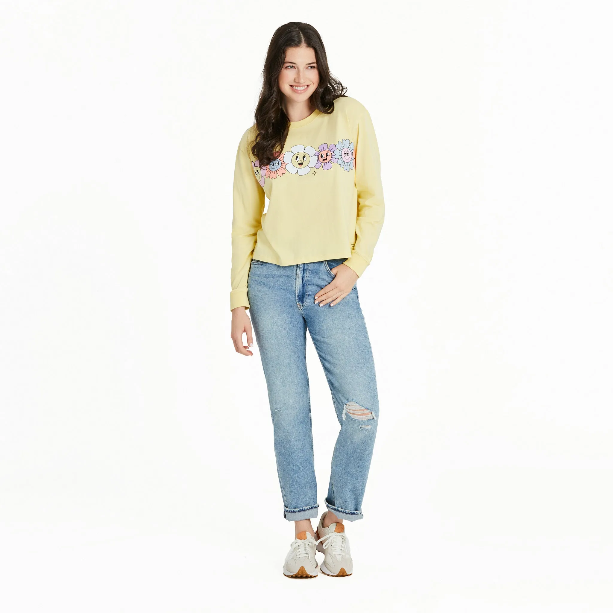 Women's Happy Go Lucky Flowers Long Sleeve Crusher Boxy Tee Life is Good