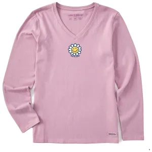 Women's Happy Smile Daisy Long Sleeve Crusher Vee Life is Good