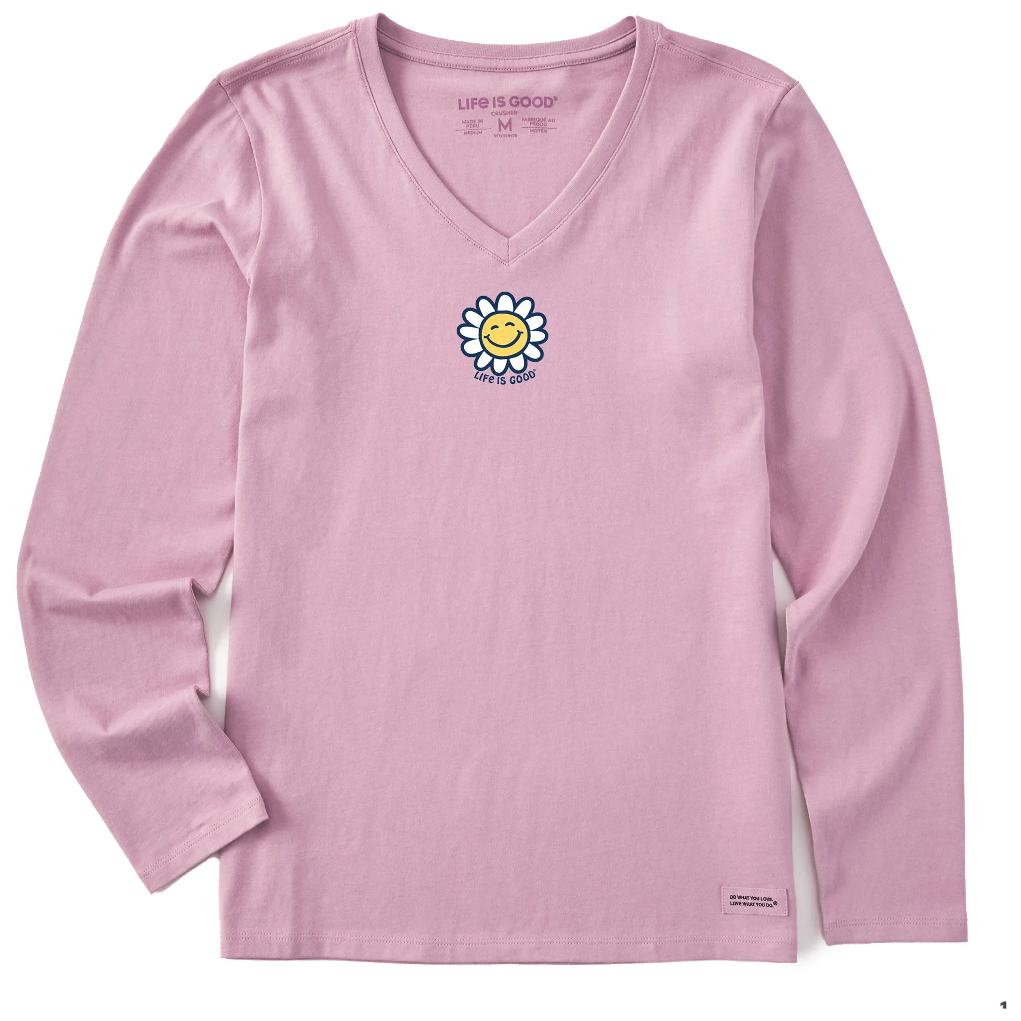 Women's Happy Smile Daisy Long Sleeve Crusher Vee Life is Good