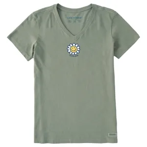 Women's Happy Smile Daisy Short Sleeve Crusher Vee Life is Good