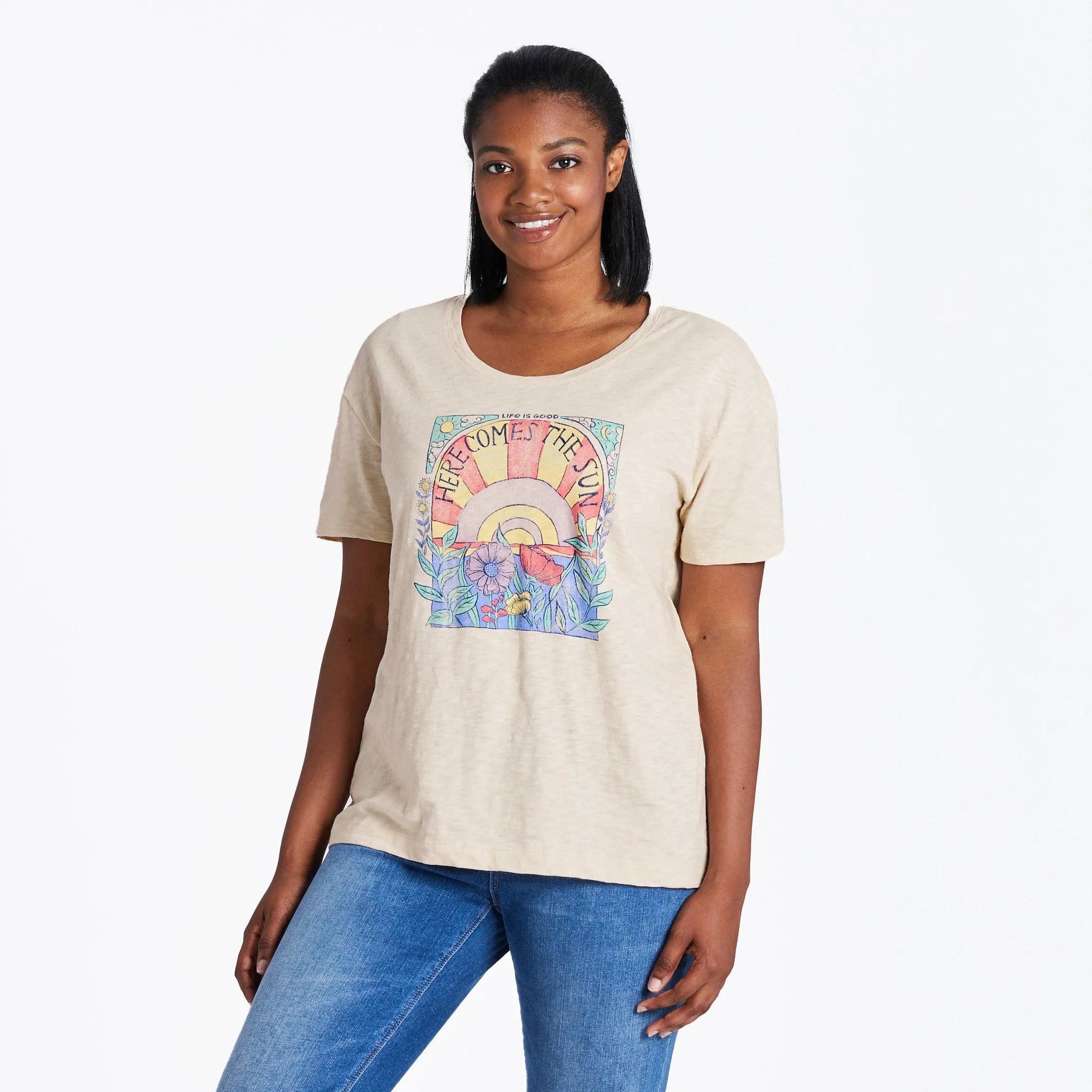 Women's Here Comes The Sun Hippie Relaxed Fit Short Sleeve Slub Tee Life is Good