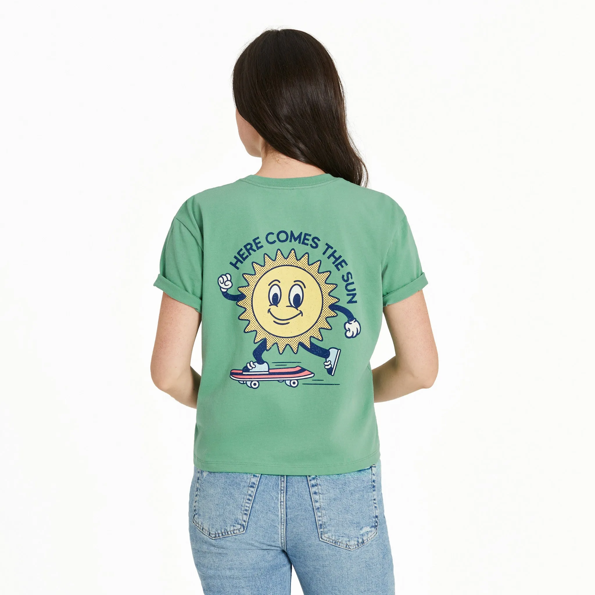 Women's Here Comes The Sun Skateboarding Short Sleeve Crusher Boxy Tee Life is Good