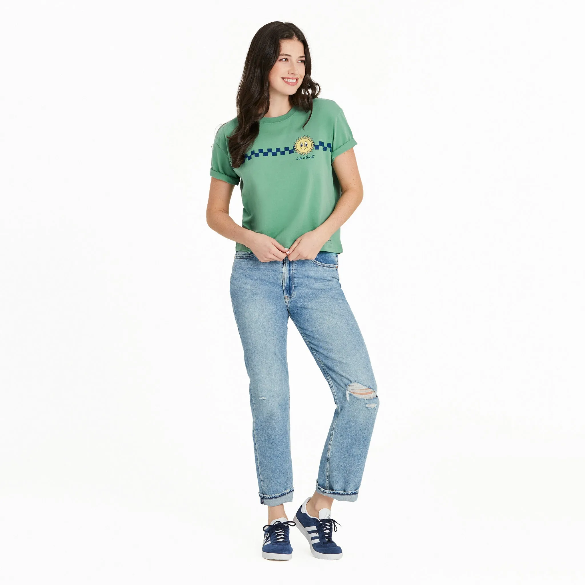 Women's Here Comes The Sun Skateboarding Short Sleeve Crusher Boxy Tee Life is Good