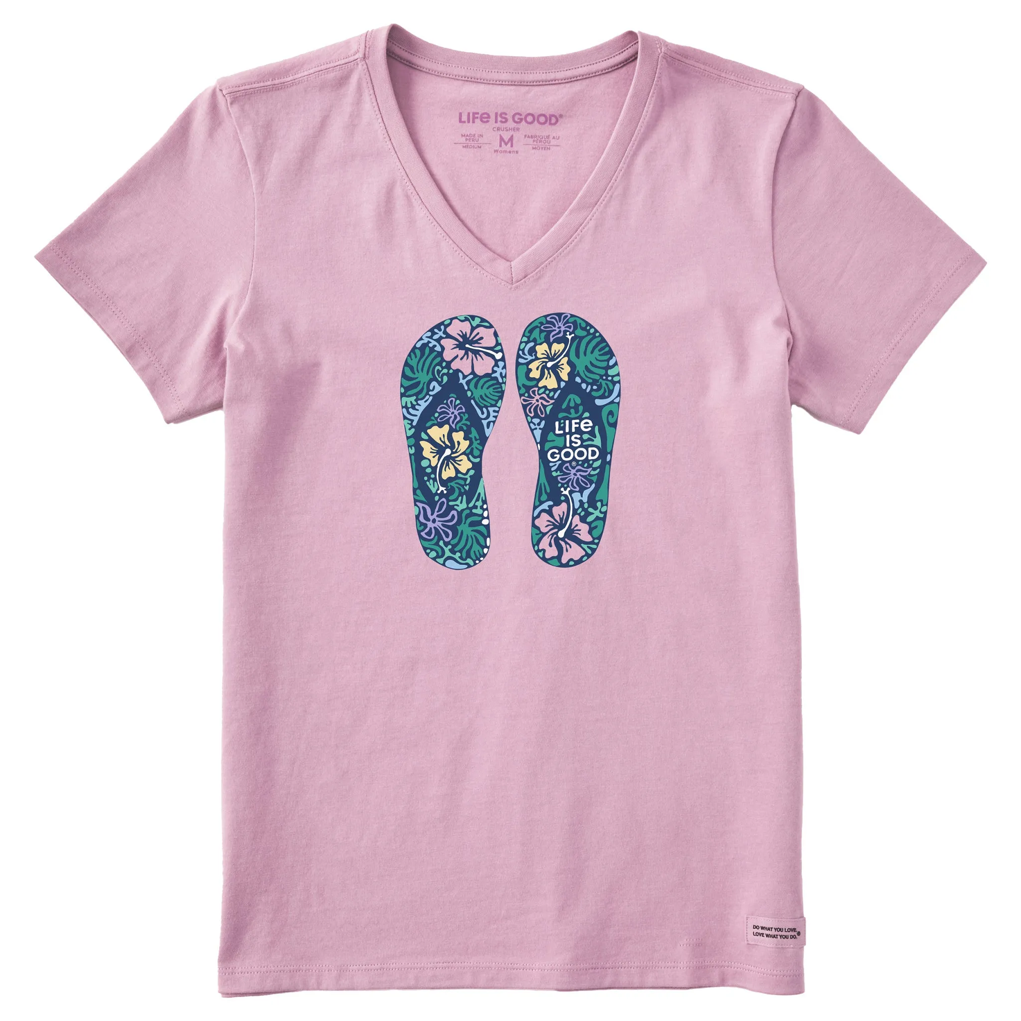 Women's Hibiscus Flip Flops Short Sleeve Vee Life is Good