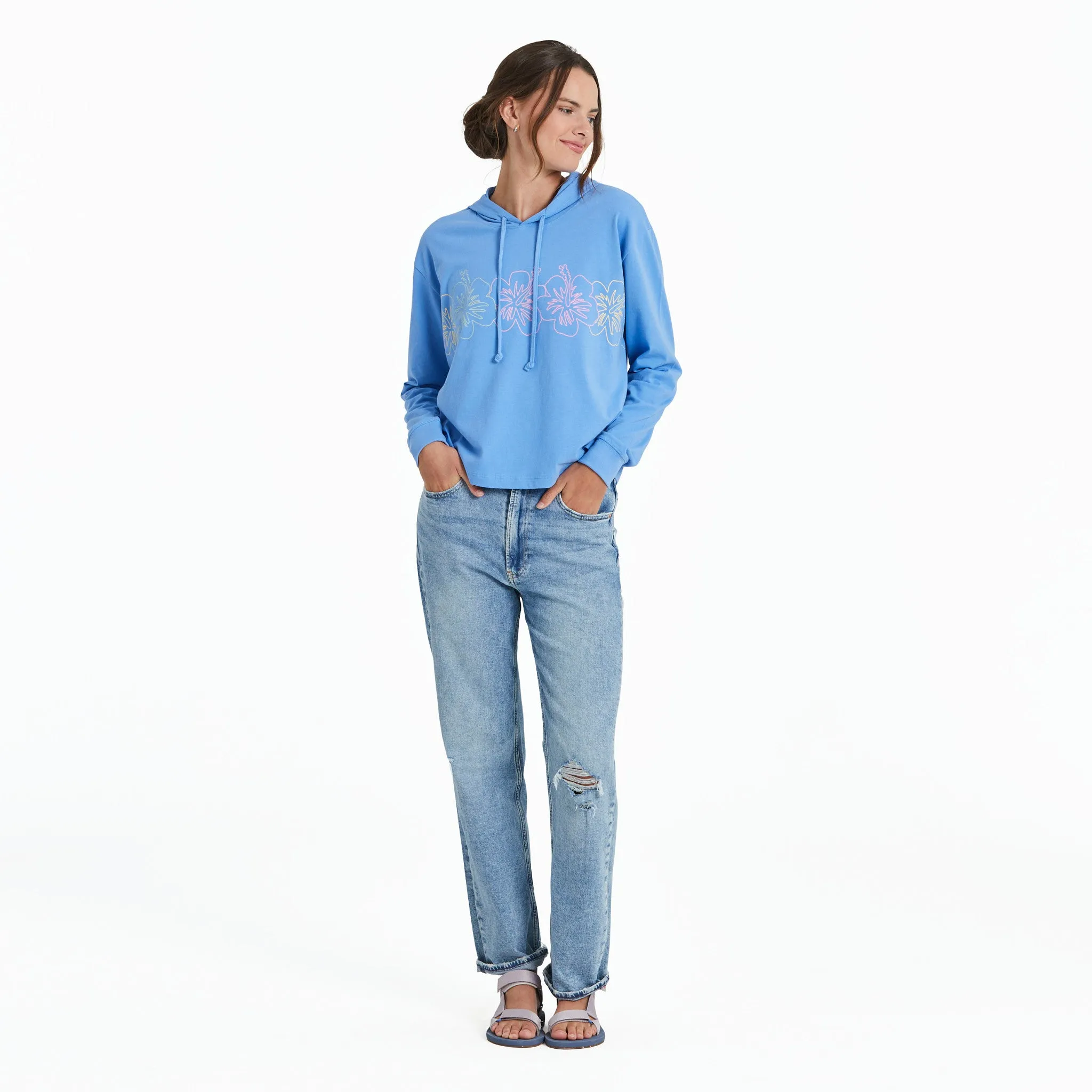 Women's Hibiscus Line Drawing Crusher Boxy Hoodie Life is Good