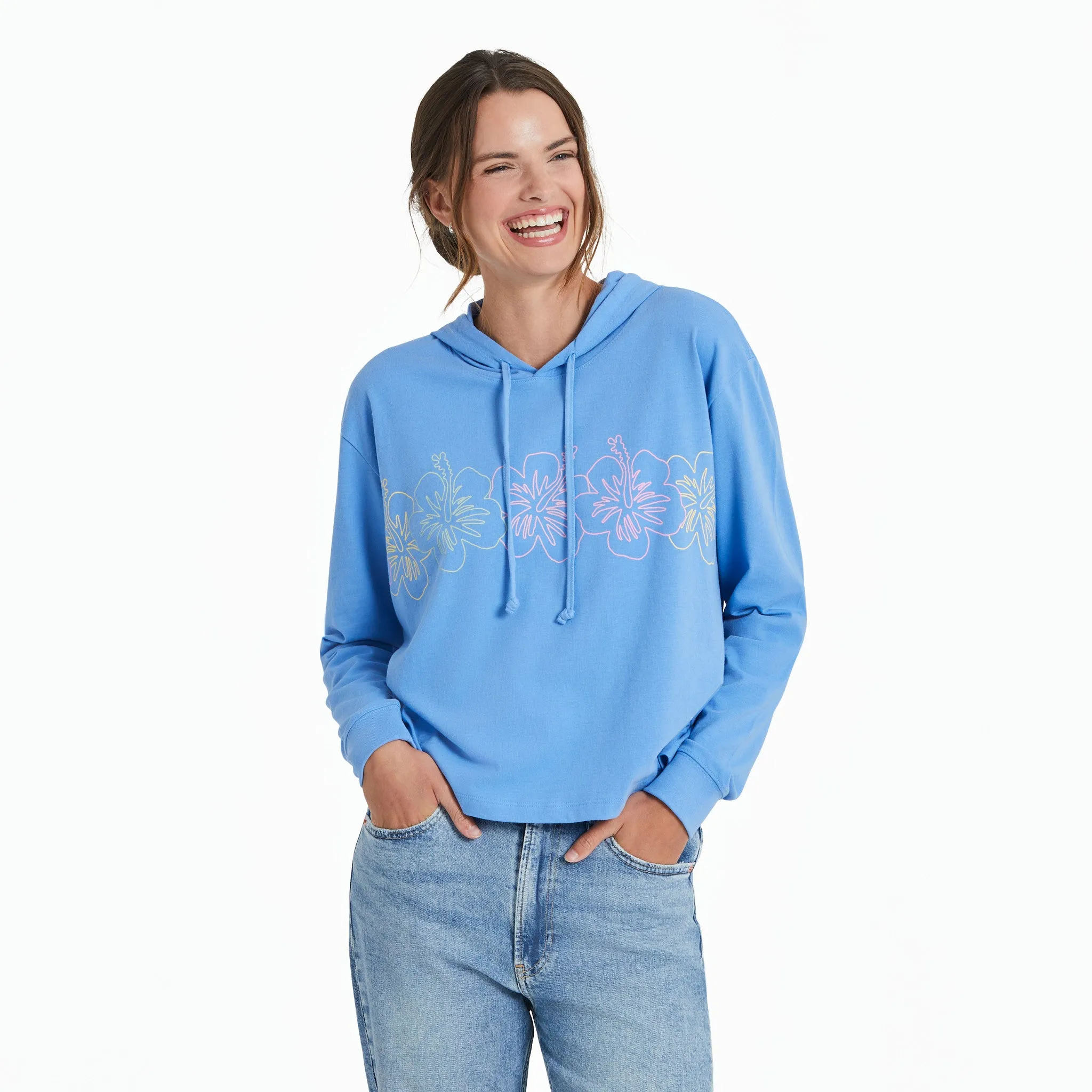 Women's Hibiscus Line Drawing Crusher Boxy Hoodie Life is Good