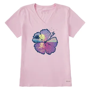 Women's Hibiscus-scape Short Sleeve Vee Life is Good
