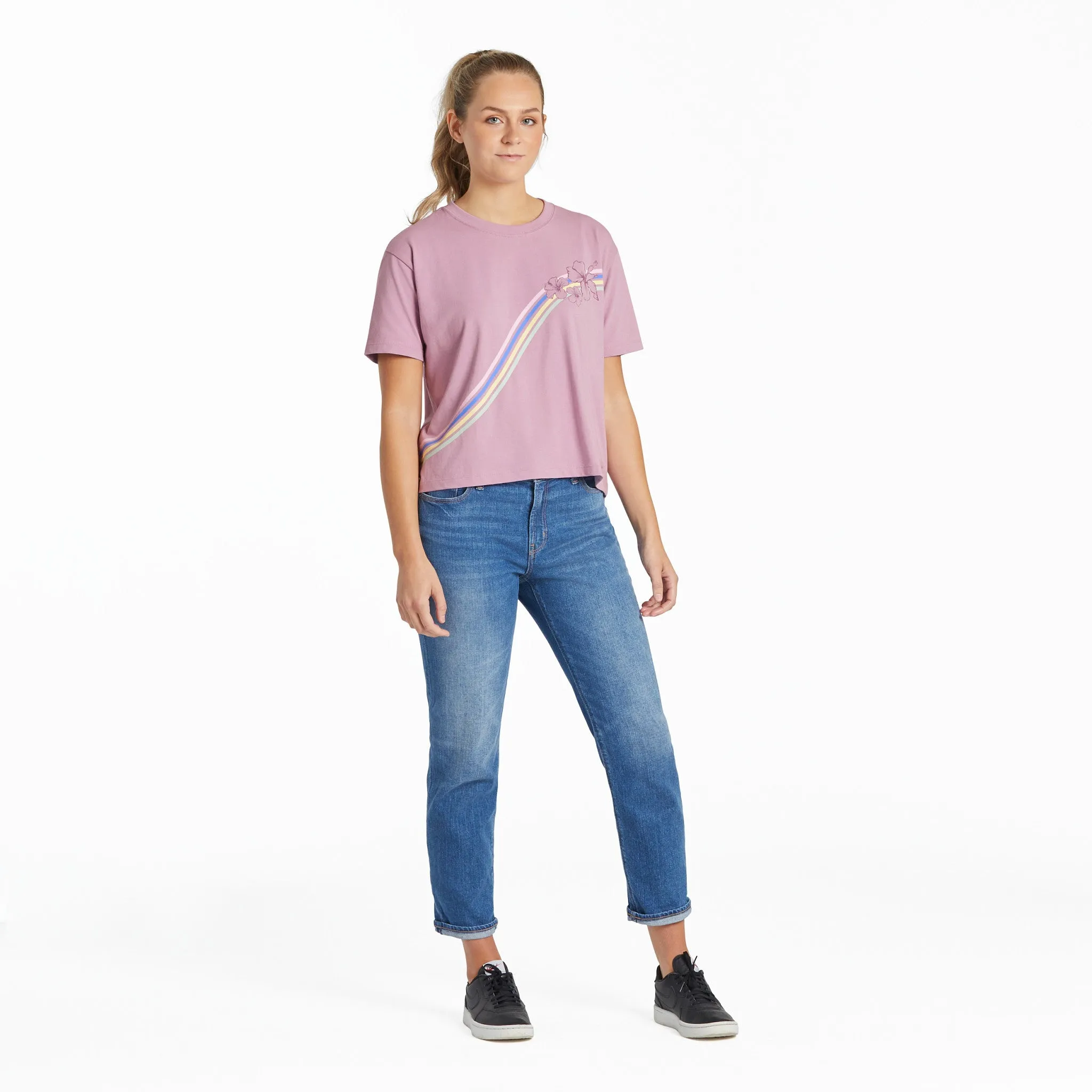 Women's Hibiscus Stripes Short Sleeve Crusher Boxy Tee Life is Good