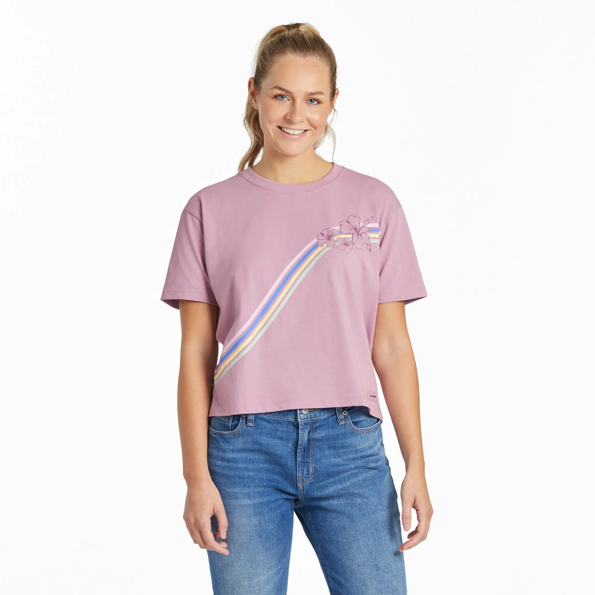 Women's Hibiscus Stripes Short Sleeve Crusher Boxy Tee Life is Good