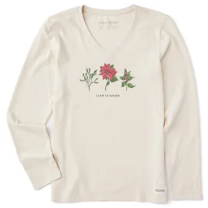 Women's Holiday Flowers Long Sleeve Crusher-LITE Vee Life is Good