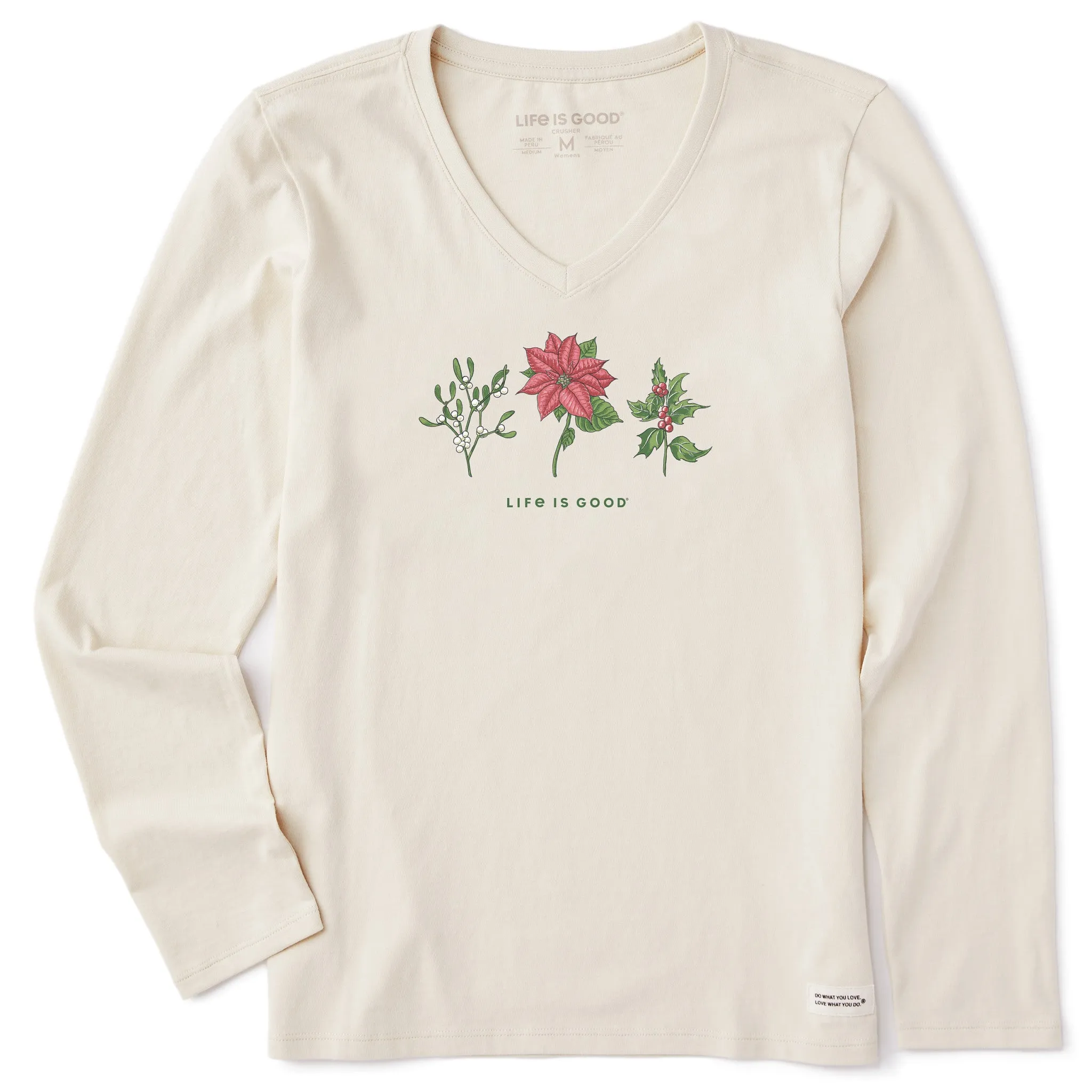 Women's Holiday Flowers Long Sleeve Crusher-LITE Vee Life is Good