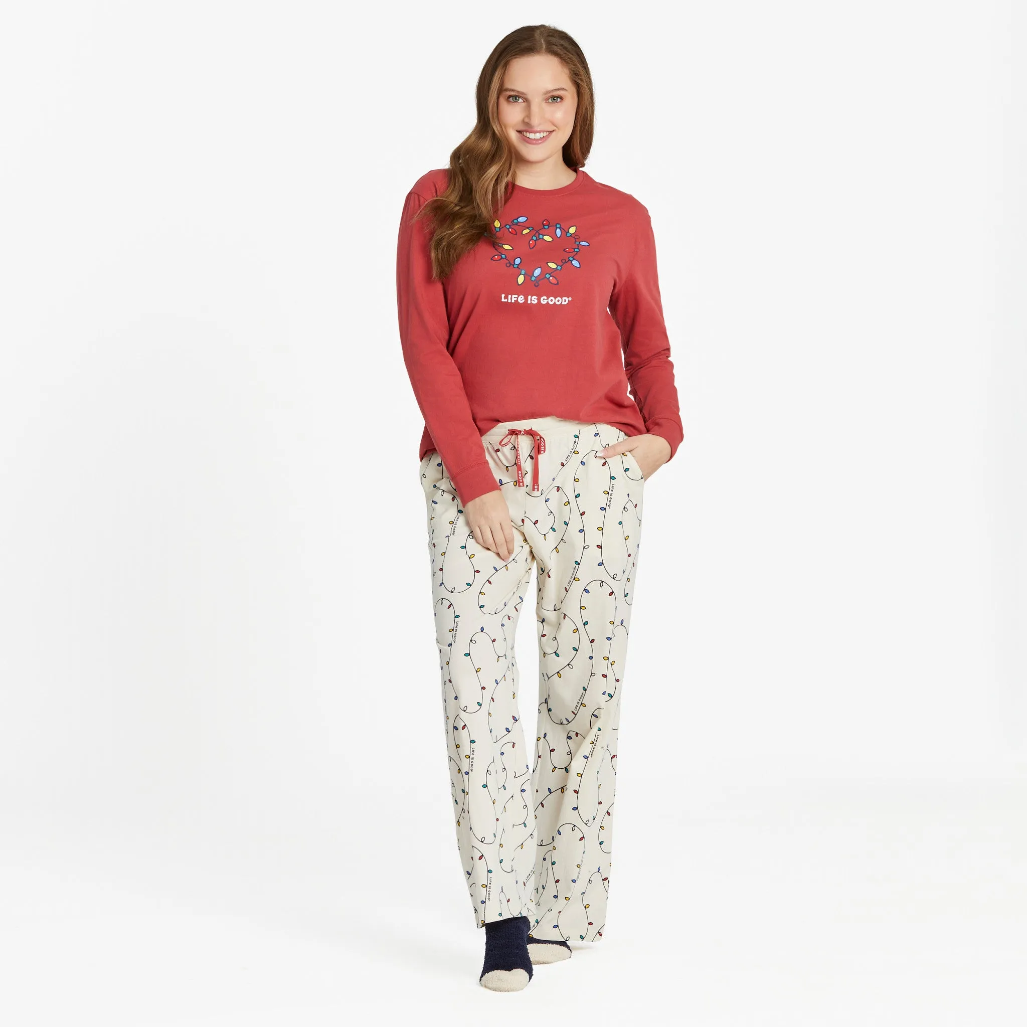 Women's Holiday Lights Heart Long Sleeve Snuggle Up Relaxed Sleep Tee Life is Good