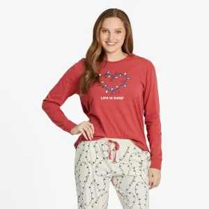 Women's Holiday Lights Heart Long Sleeve Snuggle Up Relaxed Sleep Tee Life is Good