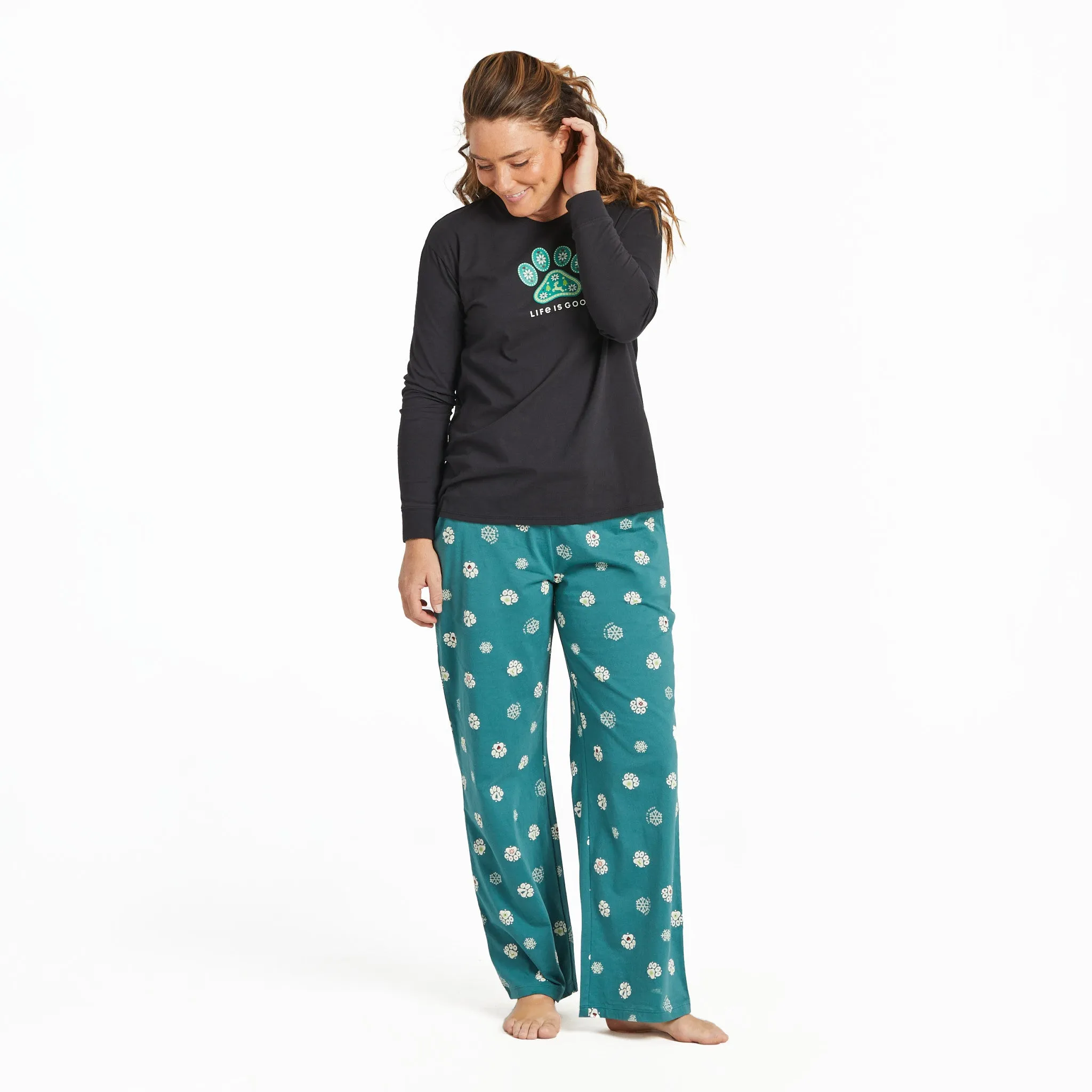 Women's Holiday Paw Long Sleeve Snuggle Up Relaxed Sleep Tee Life is Good
